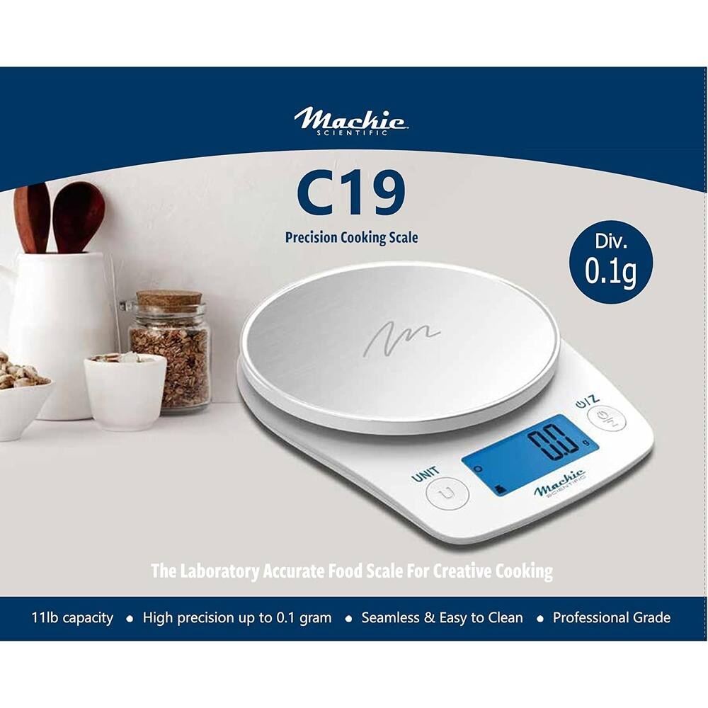 Machie SCIENTIFIC C19 Precision Cooking Scale  
Div. 0.1g  
The Laboratory Accurate Food Scale For Creative Cooking  
11lb capacity  
High precision up to 0.1 gram  
Seamless & Easy to Clean  
Professional Grade