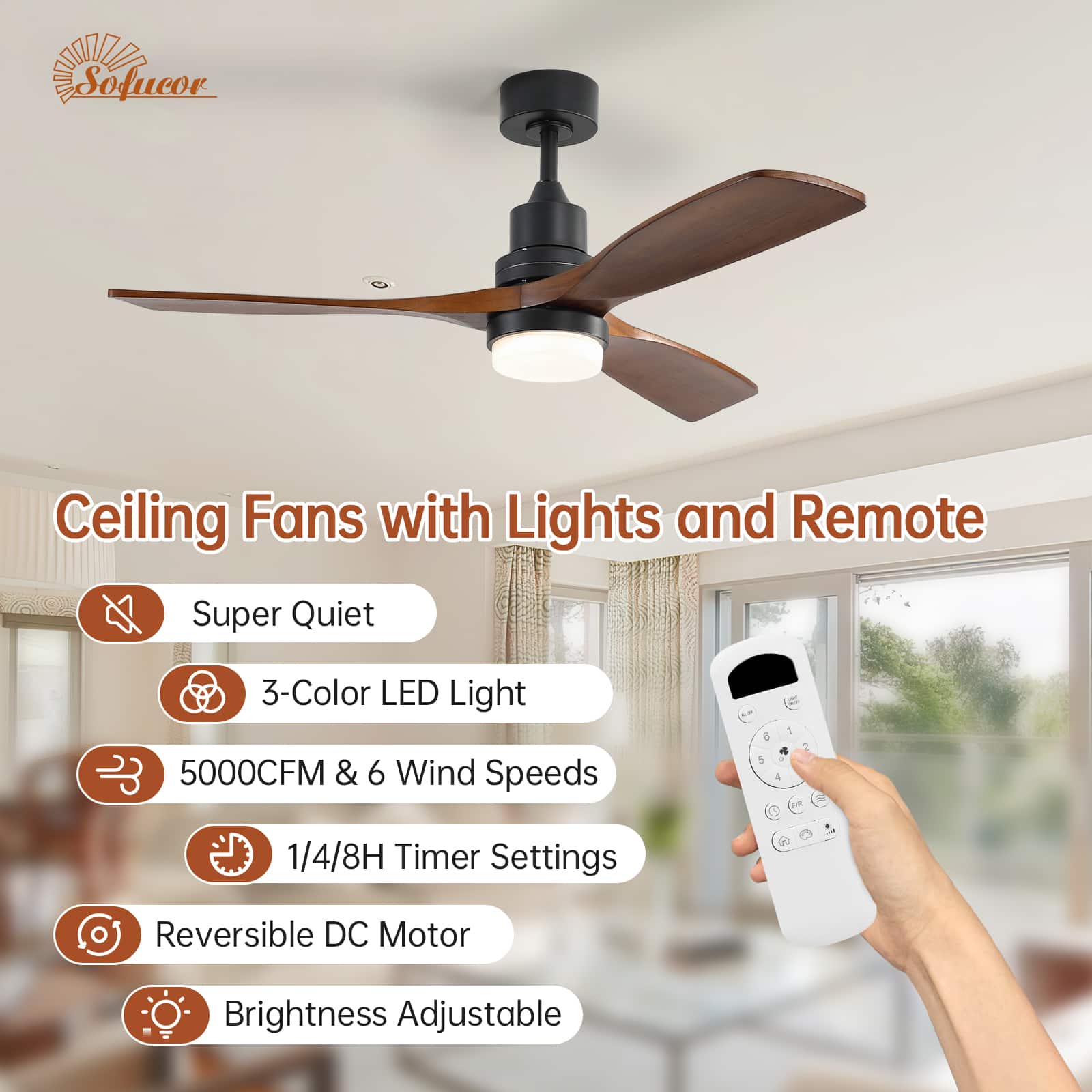 Sofucor Ceiling Fans with Lights and Remote Super Quiet 3-Color LED Light 5000CFM & 6 Wind Speeds 1/4/8H Timer Settings Reversible DC Motor Brightness Adjustable