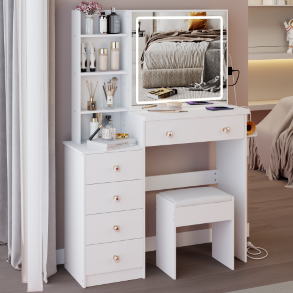 LUCKY ONE - 37in Vanity Set with Touch Control LED Sliding Mirror, 2AC+2USB, Hair Dryer Stand and Stool - White price history on PriceWatchPro