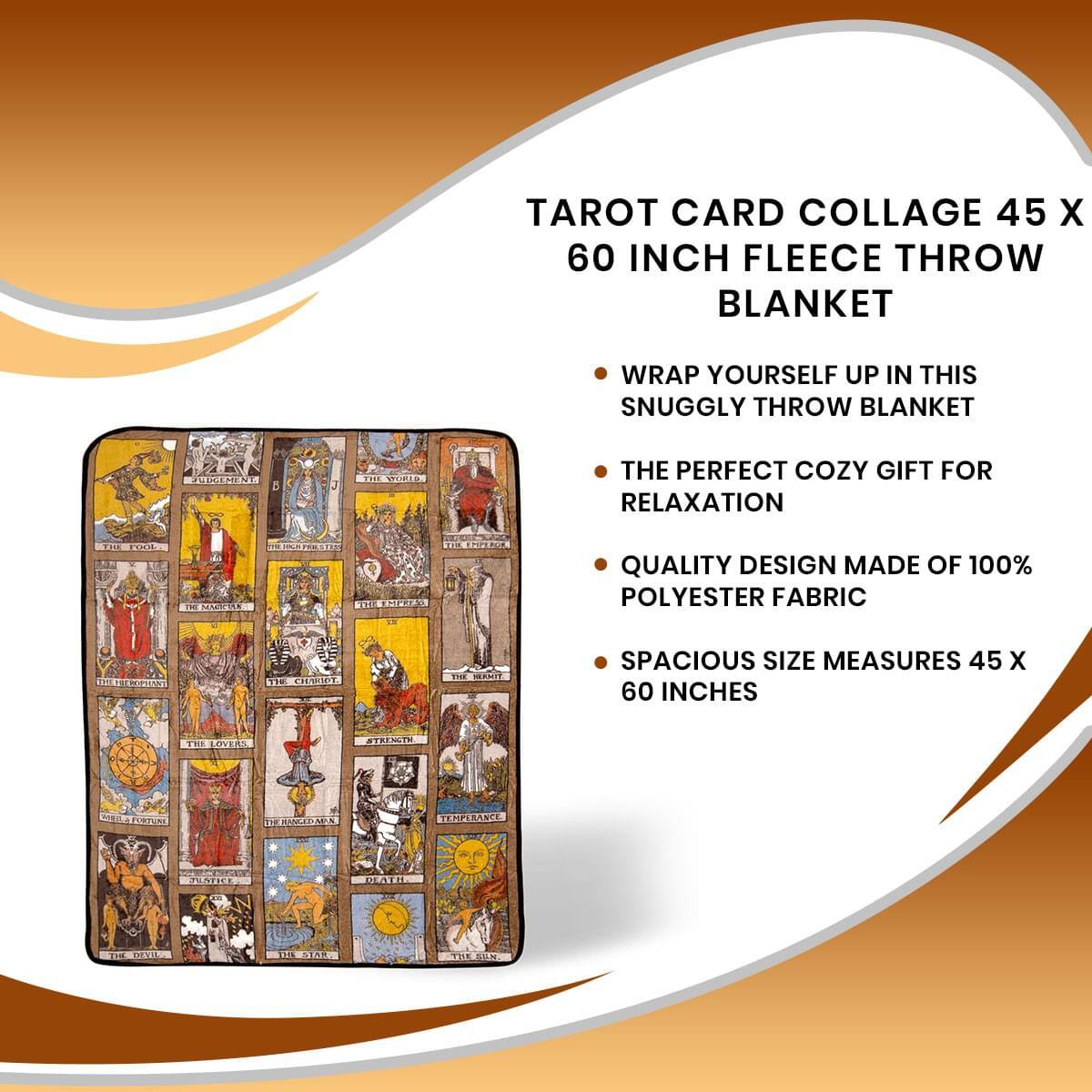 TAROT CARD COLLAGE 45 X 60 INCH FLEECE THROW BLANKET

- WRAP YOURSELF UP IN THIS SNUGGLY THROW BLANKET
- THE PERFECT COZY GIFT FOR RELAXATION
- QUALITY DESIGN MADE OF 100% POLYESTER FABRIC
- SPACIOUS SIZE MEASURES 45 X 60 INCHES