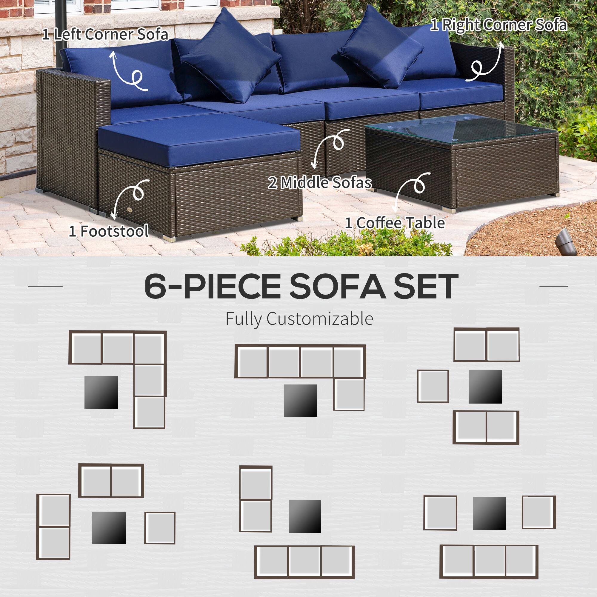 1 Left Corner Sofa  
1 Right Corner Sofa  
2 Middle Sofas  
1 Footstool  
1 Coffee Table  

6-PIECE SOFA SET  
Fully Customizable