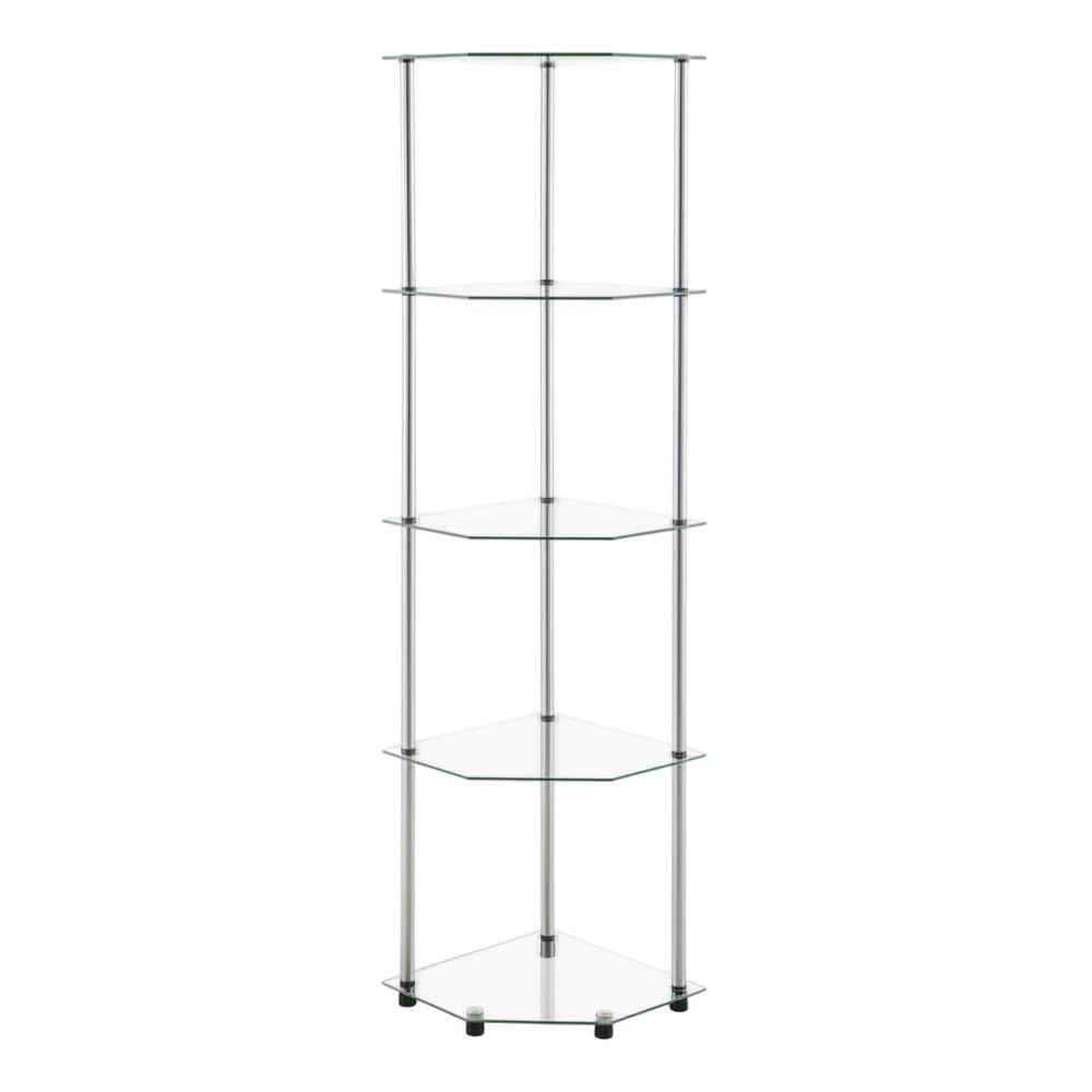 Angle. FurniFact - Corner Tower Shelf, Gray Glass - Metallic.