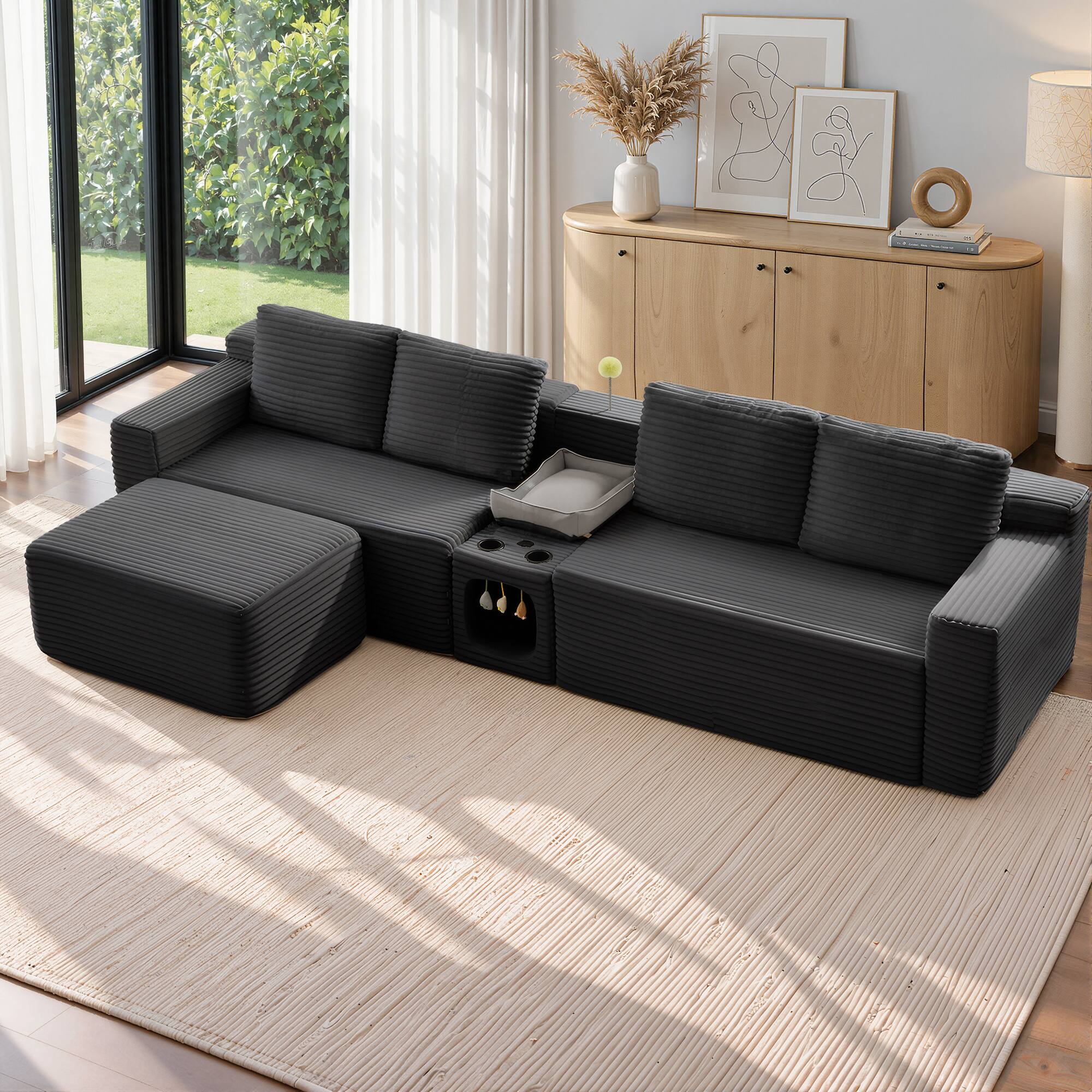 Alt View 1. Meqiodas - 118" Corduroy Boneless Couch, Modular Sectional Sofa, with 1 Ottoman, Cat House Design, Storage & Cup Holders - Black.