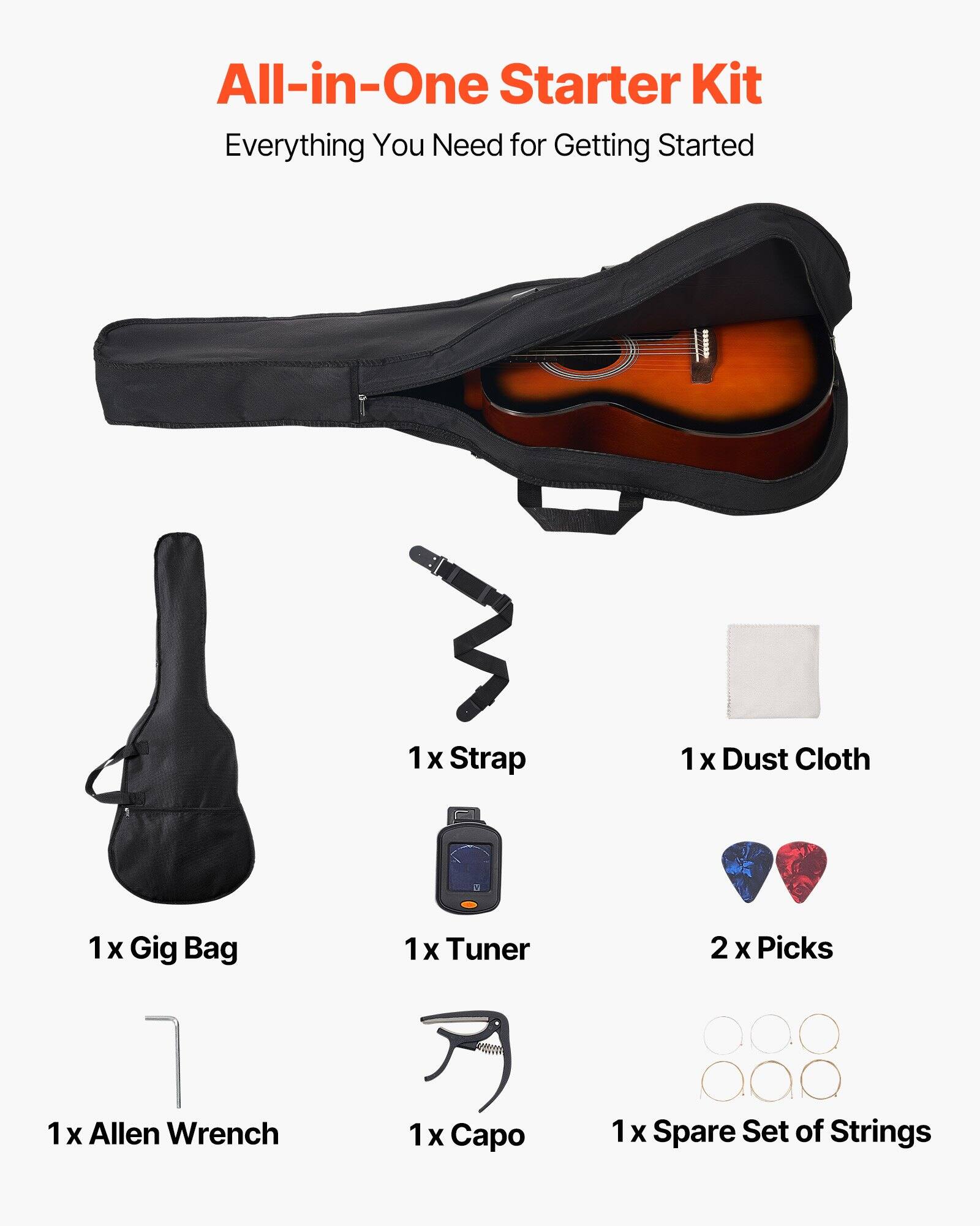 All-in-One Starter Kit  
Everything You Need for Getting Started  

1 x Strap  
1 x Dust Cloth  
1 x Gig Bag  
1 x Tuner  
2 x Picks  
1 x Allen Wrench  
1 x Capo  
1 x Spare Set of Strings