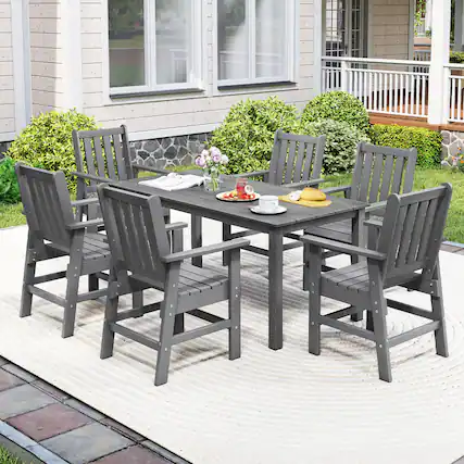 Front. Gymax - Gymax 7 Pieces Patio Dining Set Outdoor HDPE Weather Resistant Table & Chairs Set Gray - Gray.