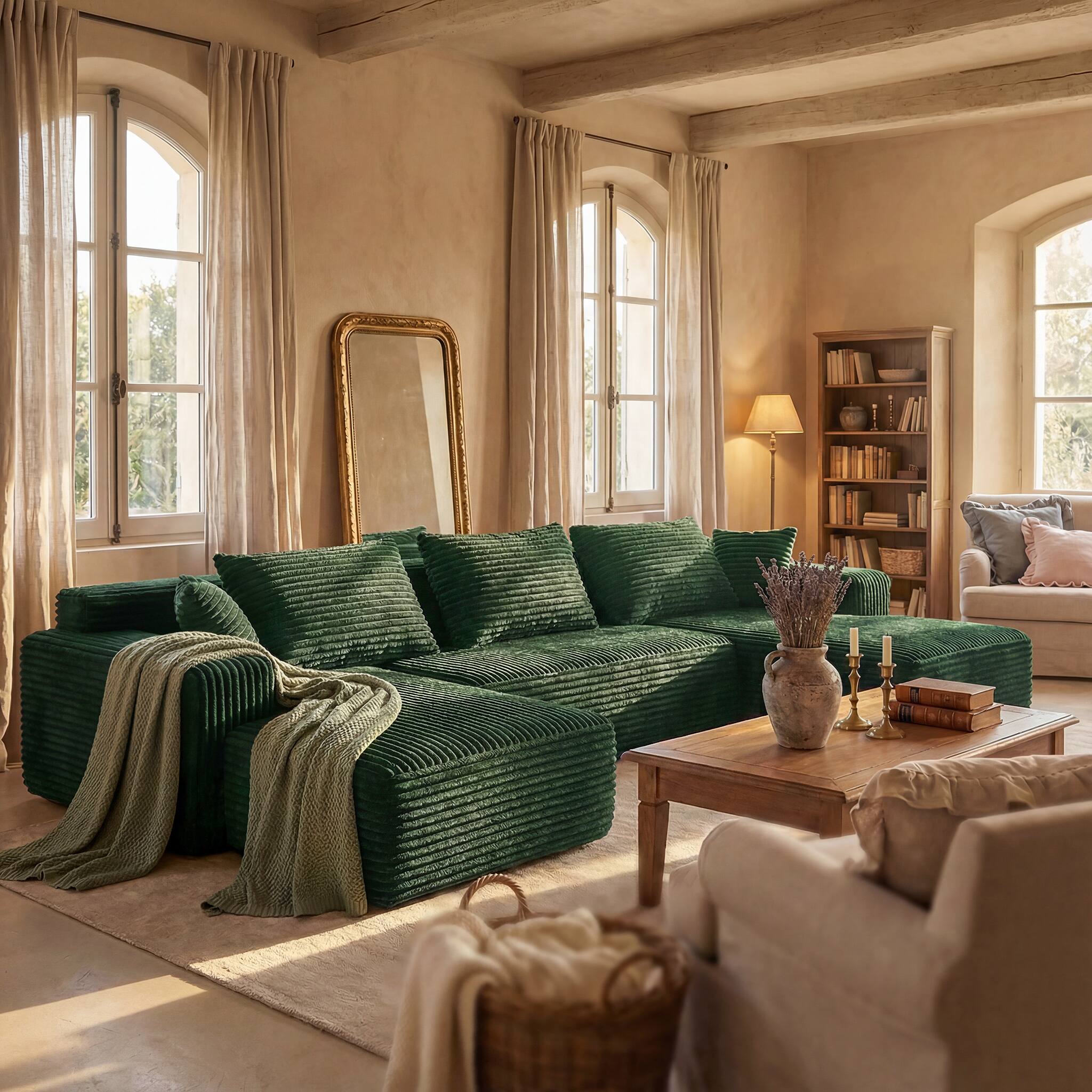 Alt View 1. FUFU & GAGA - Dark Green Modular Plush Velvet Sectional Sofa with Chaise, Soft High-Density Foam, Pet-Friendly Living Room Couch - Dark Green.