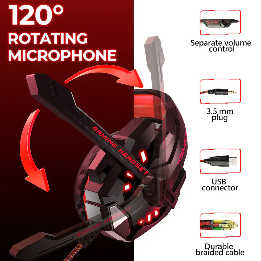 Mic Red Led VEAT00L Gaming Headset with Microphone, Compatible with PS4 PS5 Xbox ...