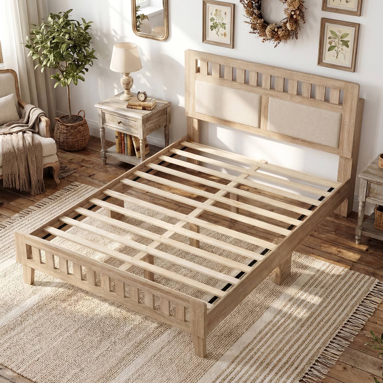 Alt View 1. Gymax - Gymax Full Wood Bed Frame w/Upholstered Headboard Solid Wood Leg Wooden Slat Support Rustic Oak & Beige - Yellow.