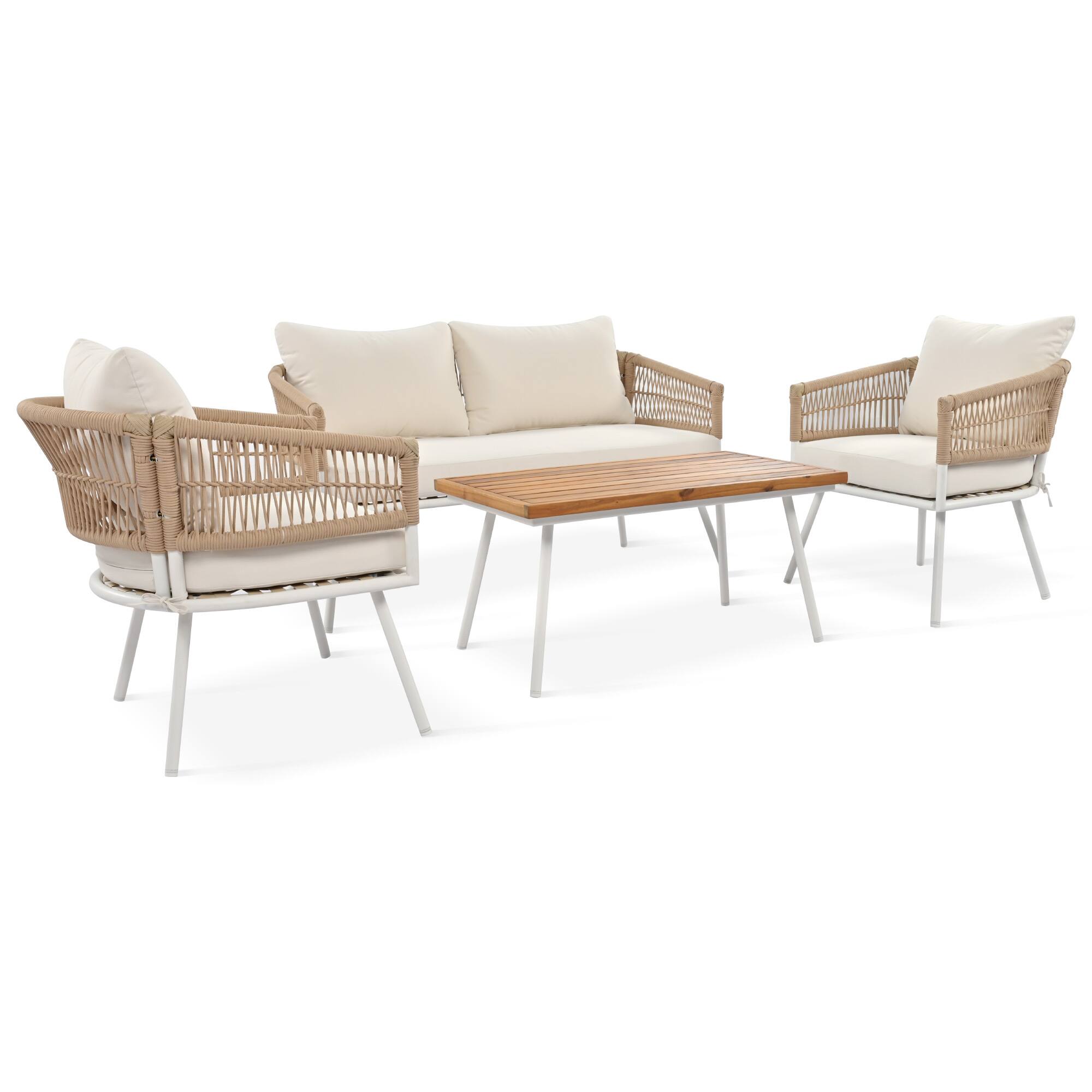 Alt View 7. Siljoy - 4-Piece Boho Rope Patio Set, Acacia Wood Table, Deep Seating Thick Cushions, Beige - Beige.