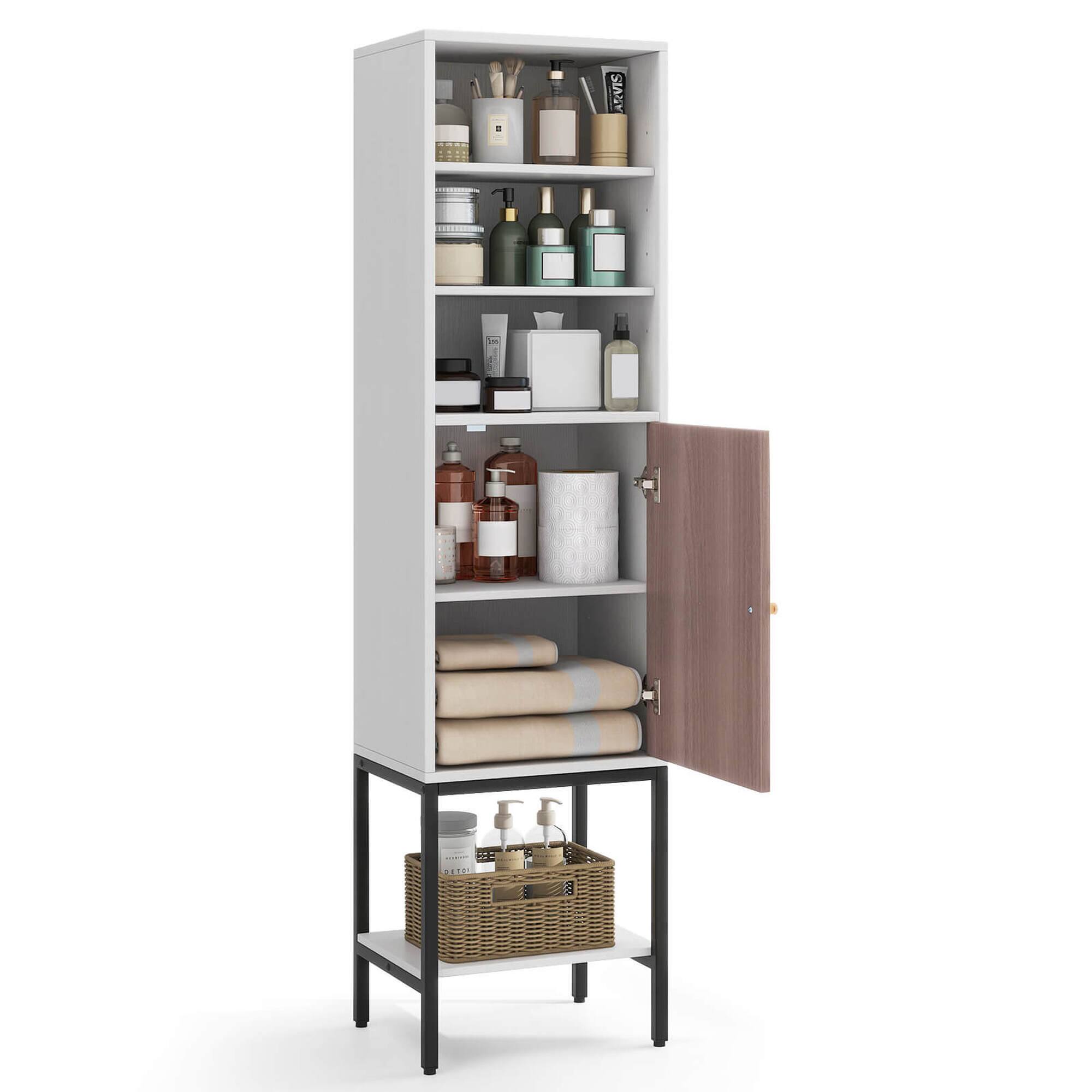 Costway - 57" Bathroom Tall Cabinet with 1 Door and 4 Shelves Freestanding Floor Cabinet - White