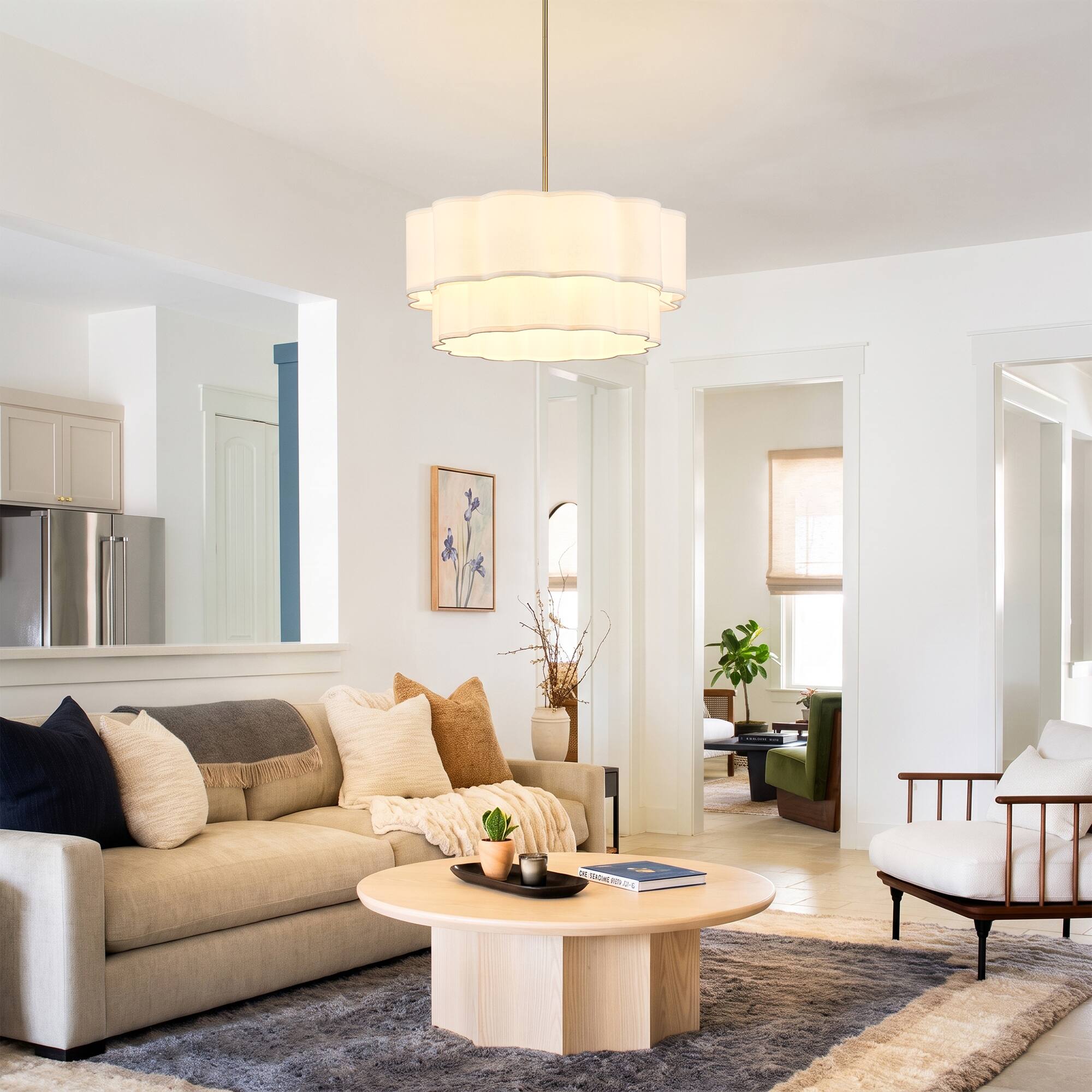 Angle. Parrot Uncle - 26 Inch Modern Linen 6 Light Scalloped Tiered Drum Chandelier with Adjustable Downrods - Brass.