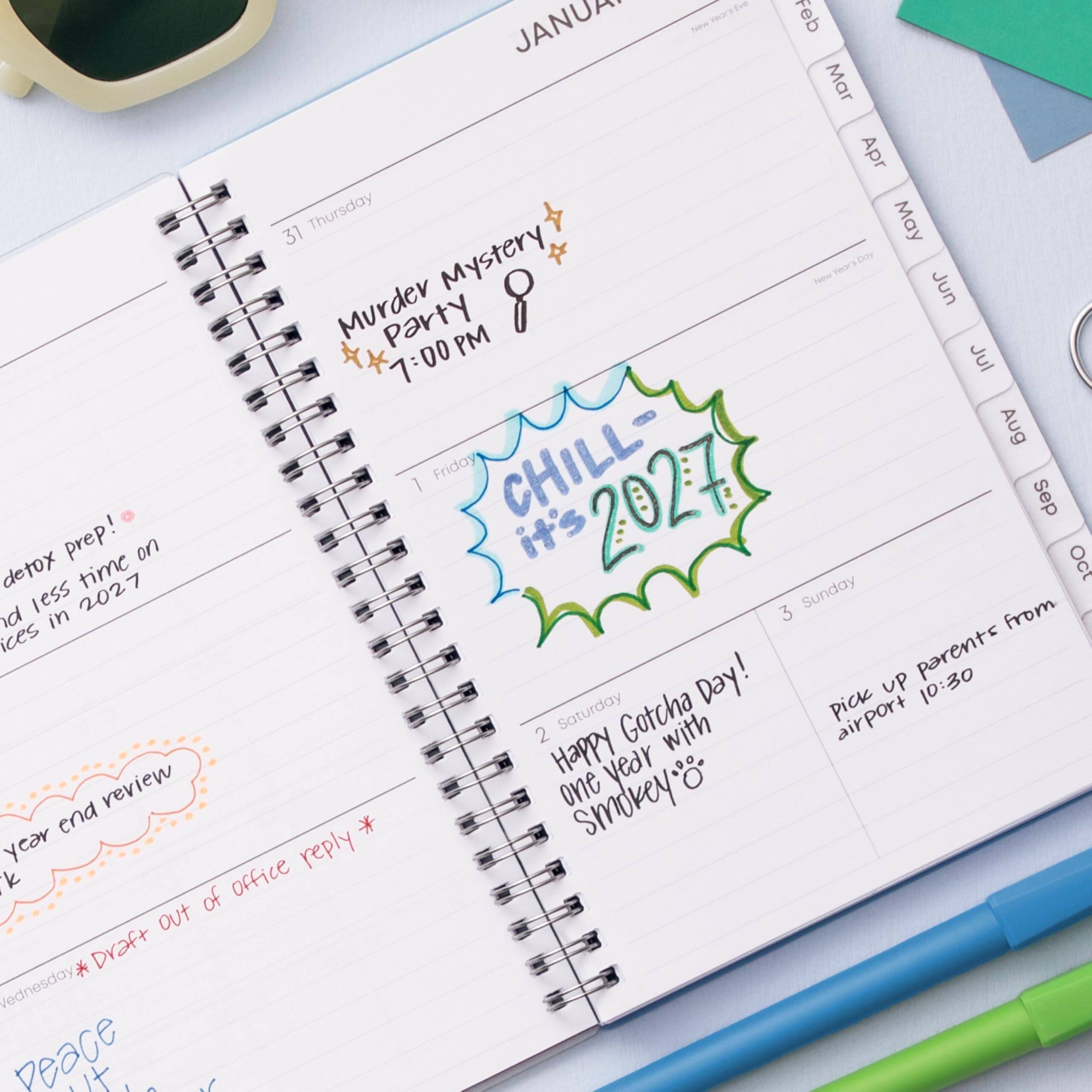 Eve JANUA  
New Years  
Feb Mar Apr 31 Thursday  
May Murder Mystery Party 7:00PM  
Jun Party prep!  
Jul Aug  
Sep detox less time on choices in 2027  
Oct 3 Sunday  
1 Friday CHILL- it's 2027  
1 Saturday Gotcha Day!  
Pick up parents from airport 10:30  
2 Happy with one year end review  
* Draft Wednesday out of office reply  
Peace