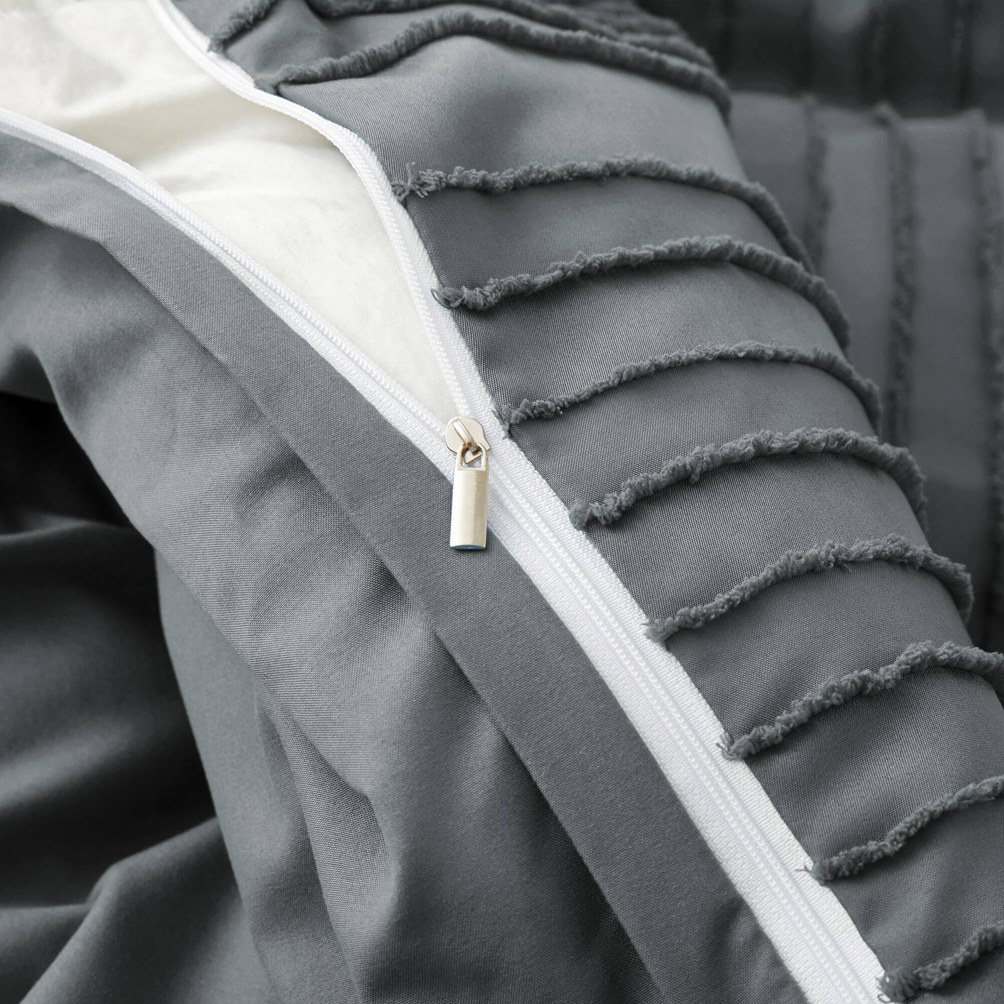 Left. Peace Nest - Peace Nest Microfiber Tufted Clipped Duvet Cover Set with Stripe Pattern - Cross Dark Gray.