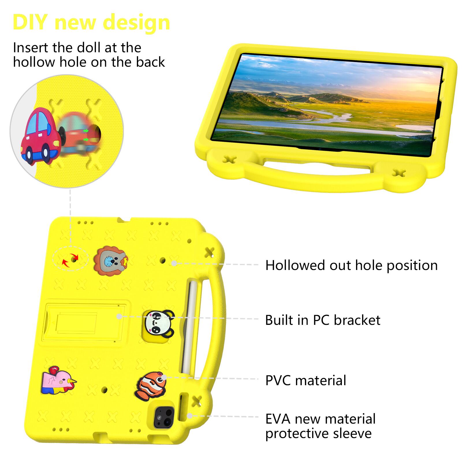 DIY new design  
Insert the doll at the hollow hole on the back  

- Hollowed out hole position  
- Built in PC bracket  
- PVC material  
- EVA new material protective sleeve