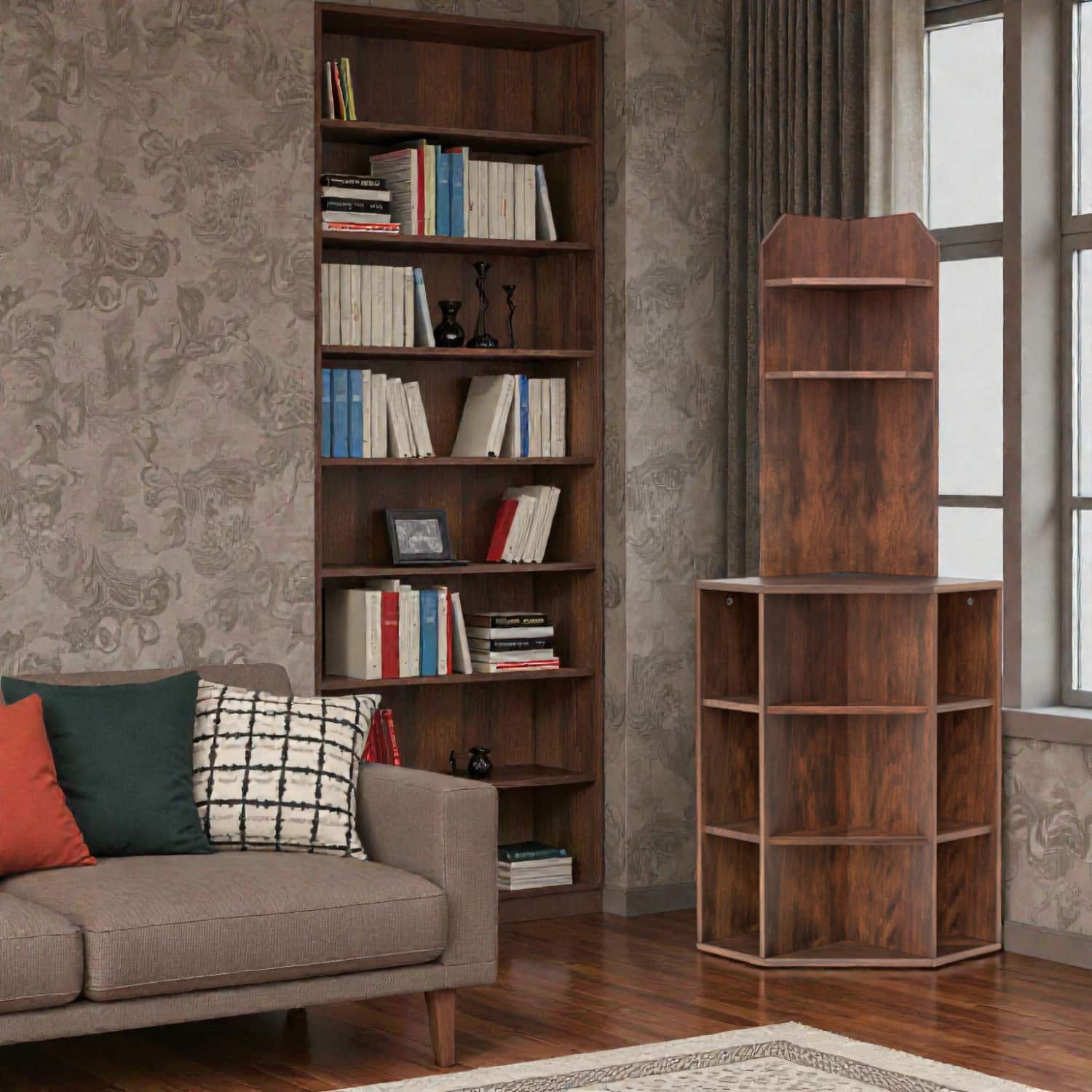 Hivvago - Space-Saving 6-Tier Corner Organizer with Power Hub and USB Slots - Brown