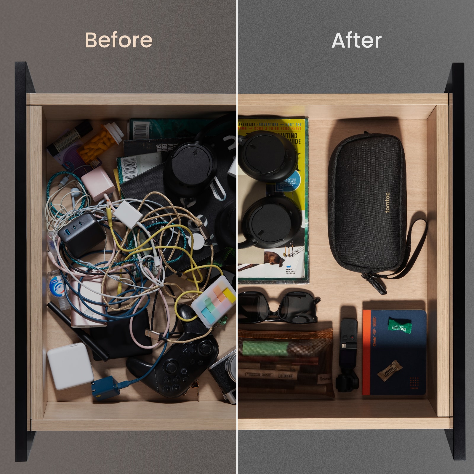 Before:
* A bunch of cords and electronics
* A black case
* A book
* A camera
* A cell phone
* A wallet
* A remote control
* A pair of scissors
* A pair of sunglasses
* A book
* A camera
* A cell phone
* A wallet
* A remote control
* A pair of scissors
* A pair of sunglasses
After:
* A bunch of cords and electronics
* A black case
* A book
* A camera
* A cell phone
* A wallet
* A remote control
* A pair of scissors
* A pair of sunglasses
* A book
* A camera
* A cell phone
* A wallet
* A remote control
* A pair of scissors
* A pair of sunglasses