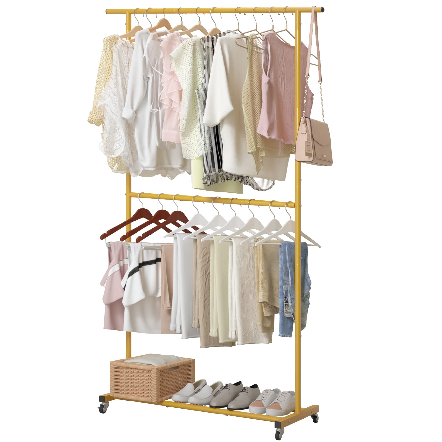 Refined Abode Design - Double Rod Clothing Garment Rack Rolling Clothes Organizer On Wheels For Hanging Easy To Assemble Adjustable - Gold No mesh