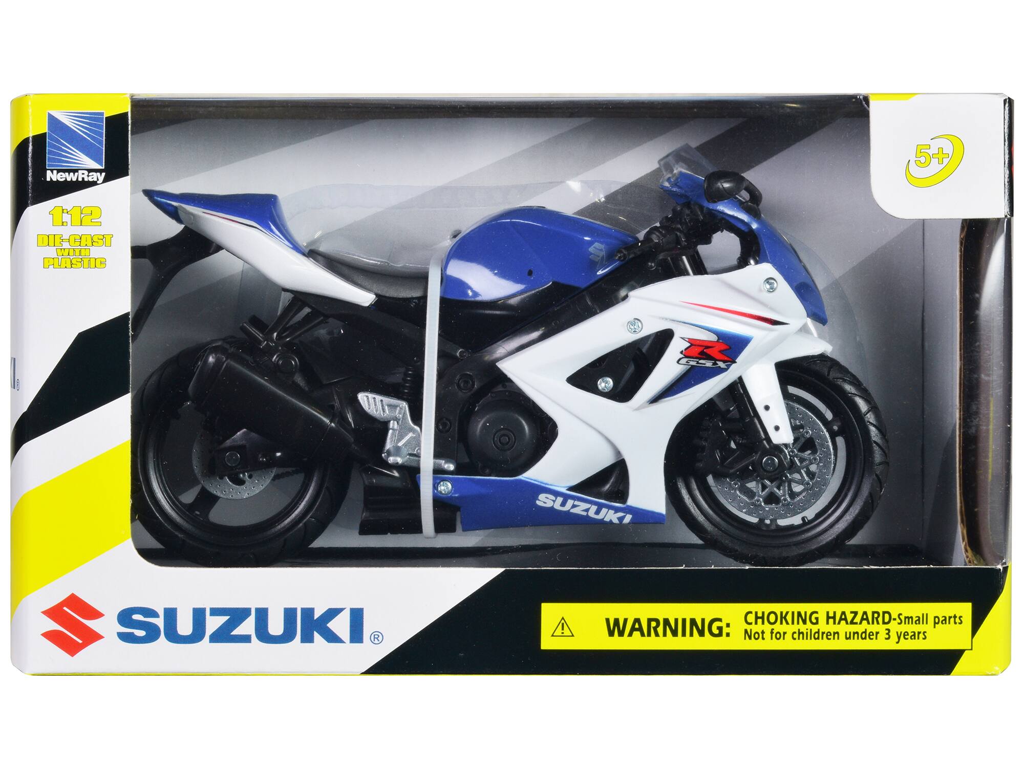 NewRay  
1:12  
DIE-CAST WITH PLASTIC  

SUZUKI  

WARNING: CHOKING HAZARD - Small parts  
Not for children under 3 years  

5+