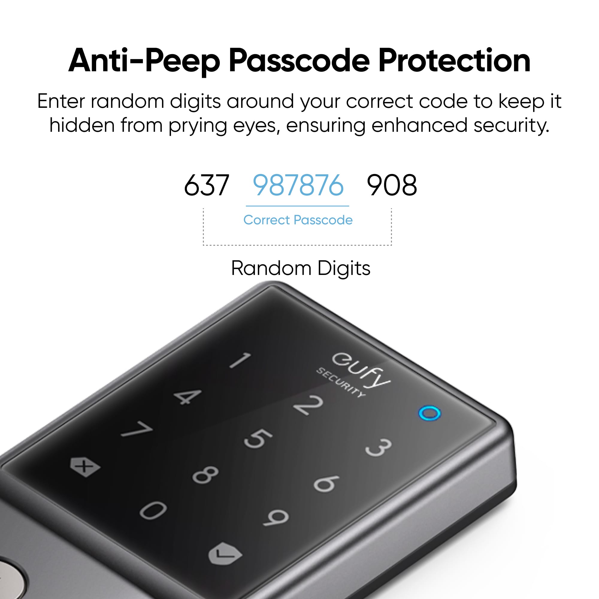 Anti-Peep Passcode Protection: Enter random digits around your correct code to keep it hidden from prying eyes, ensuring enhanced security. 637 987876 908 Correct Passcode Random Digits x 1 cufy 4 SECURITY 2 O 1 5 3 8 9 0 b
