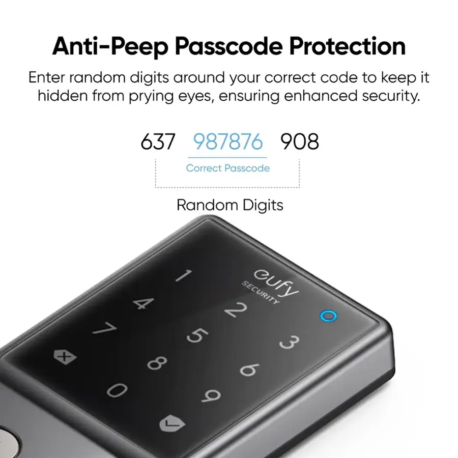 Anti-Peep Passcode Protection: Enter random digits around your correct code to keep it hidden from prying eyes, ensuring enhanced security. 637 987876 908 Correct Passcode Random Digits x 1 cufy 4 SECURITY 2 O 1 5 3 8 9 0 b