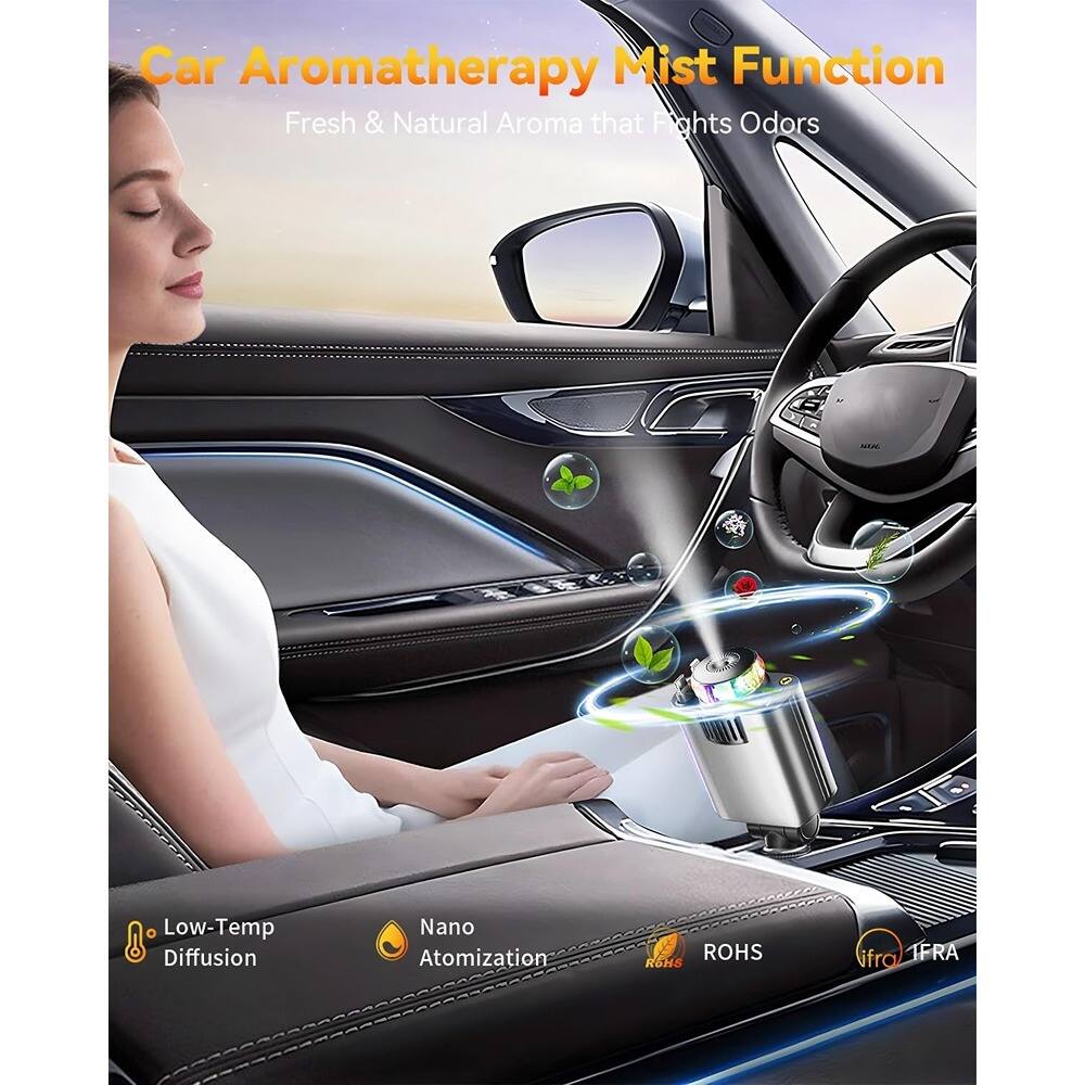 Car Aromatherapy Mist Function  
Fresh & Natural Aroma that Fights Odors  

- Low-Temp Diffusion  
- Nano Atomization  
- ROHS  
- IFRA