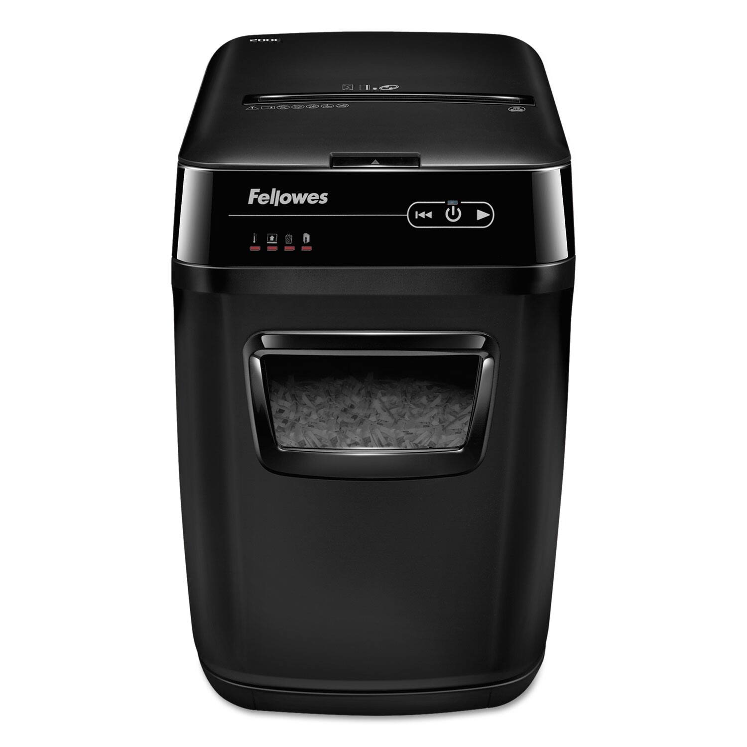 Fellowes

200C

- Power button
- Forward button
- Backward button

- Paper capacity indicator
- Jam indicator
- Empty bin indicator
- Full bin indicator