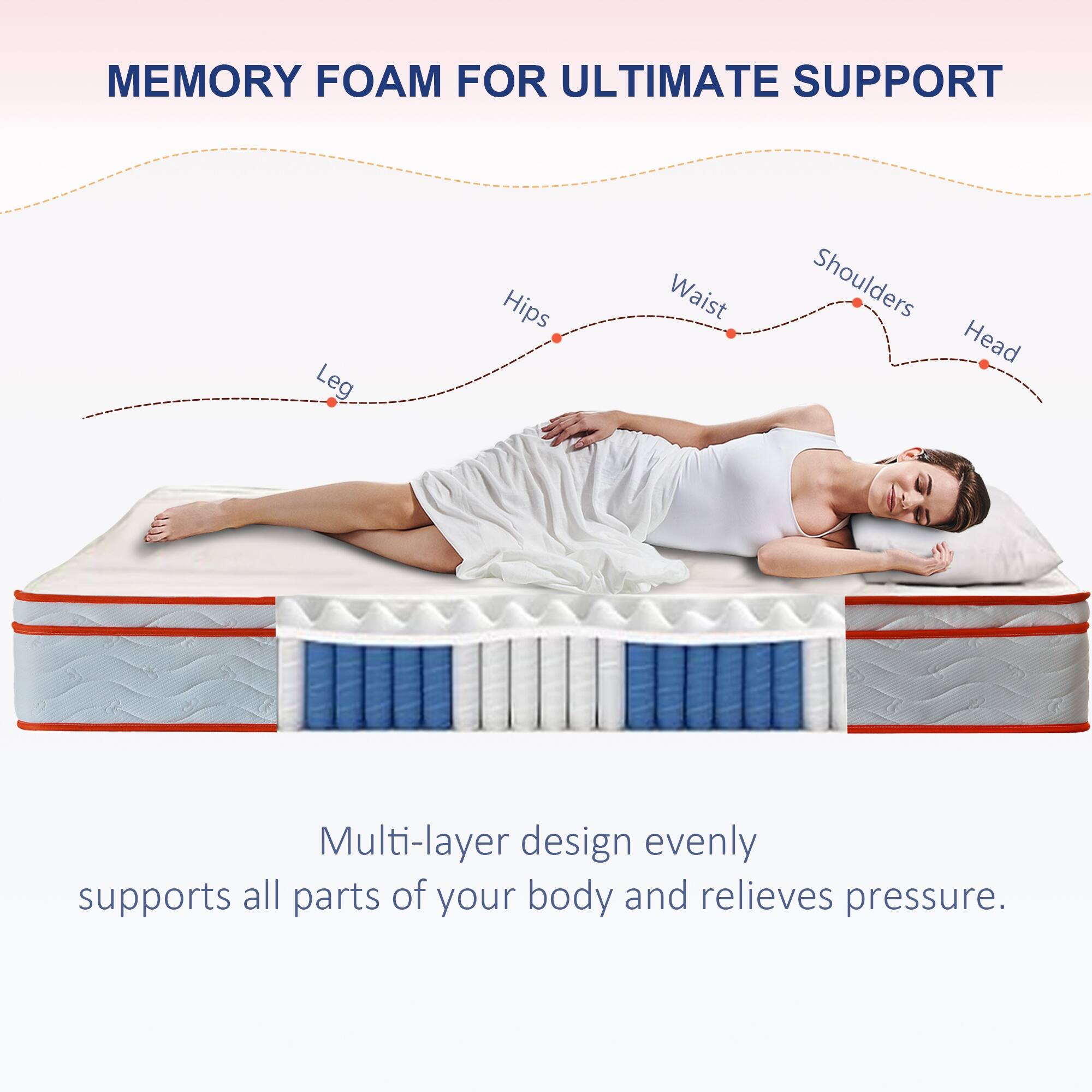 MEMORY FOAM FOR ULTIMATE SUPPORT

Leg Hips Waist Shoulders Head

Multi-layer design evenly supports all parts of your body and relieves pressure.
