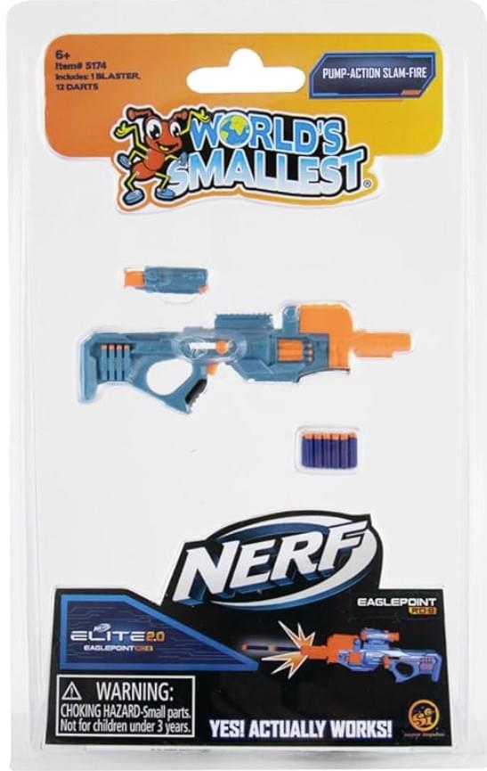 6+ Item # 5174  
Includes 1 Blaster, 12 Darts  
World's Smallest  
Nerf Eaglepoint Rob Elite 2.0  
Warning: Choking Hazard - Small parts. Not for children under 3 years.  
Yes! Actually Works!