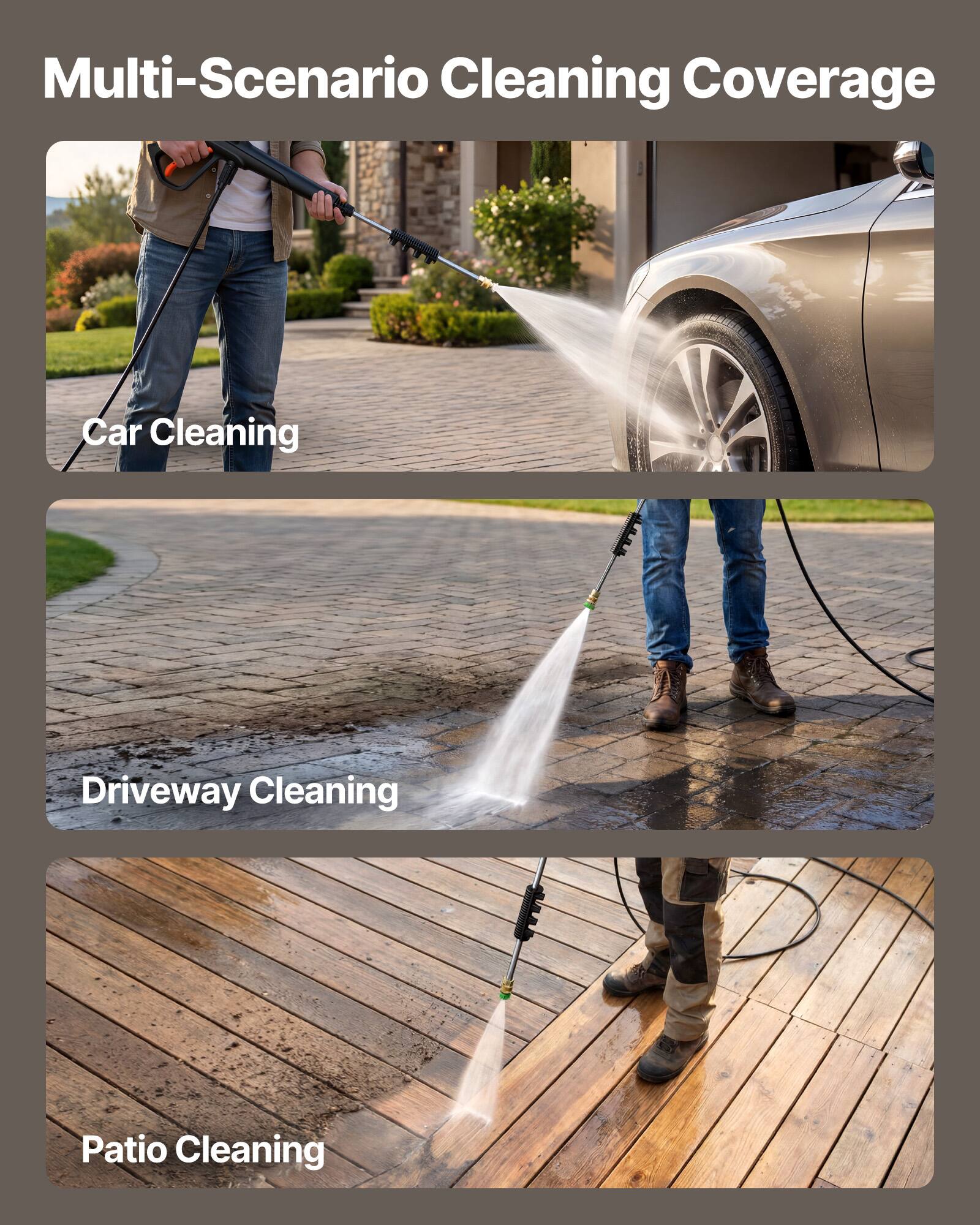 Multi-Scenario Cleaning Coverage

- Car Cleaning
- Driveway Cleaning
- Patio Cleaning
