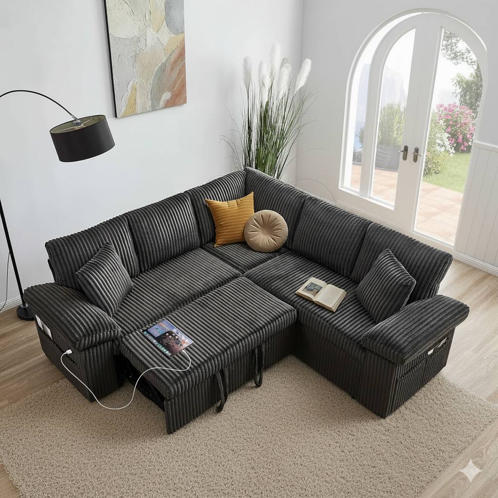 Front. Tiramisubest - TiramisuBest 81" Modular Sectional Sofa, Sectional Couch with Pull Out Couch Bed for Living Room Bedroom (Dark Grey) - Dark Grey.