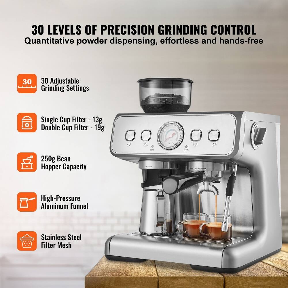 30 LEVELS OF PRECISION GRINDING CONTROL  
Quantitative powder dispensing, effortless and hands-free  

30 Adjustable Grinding Settings  

Single Cup Filter - 13g  
Double Cup Filter - 19g  

250g Bean Hopper Capacity  

High-Pressure Aluminum Funnel  
Stainless Steel Filter Mesh