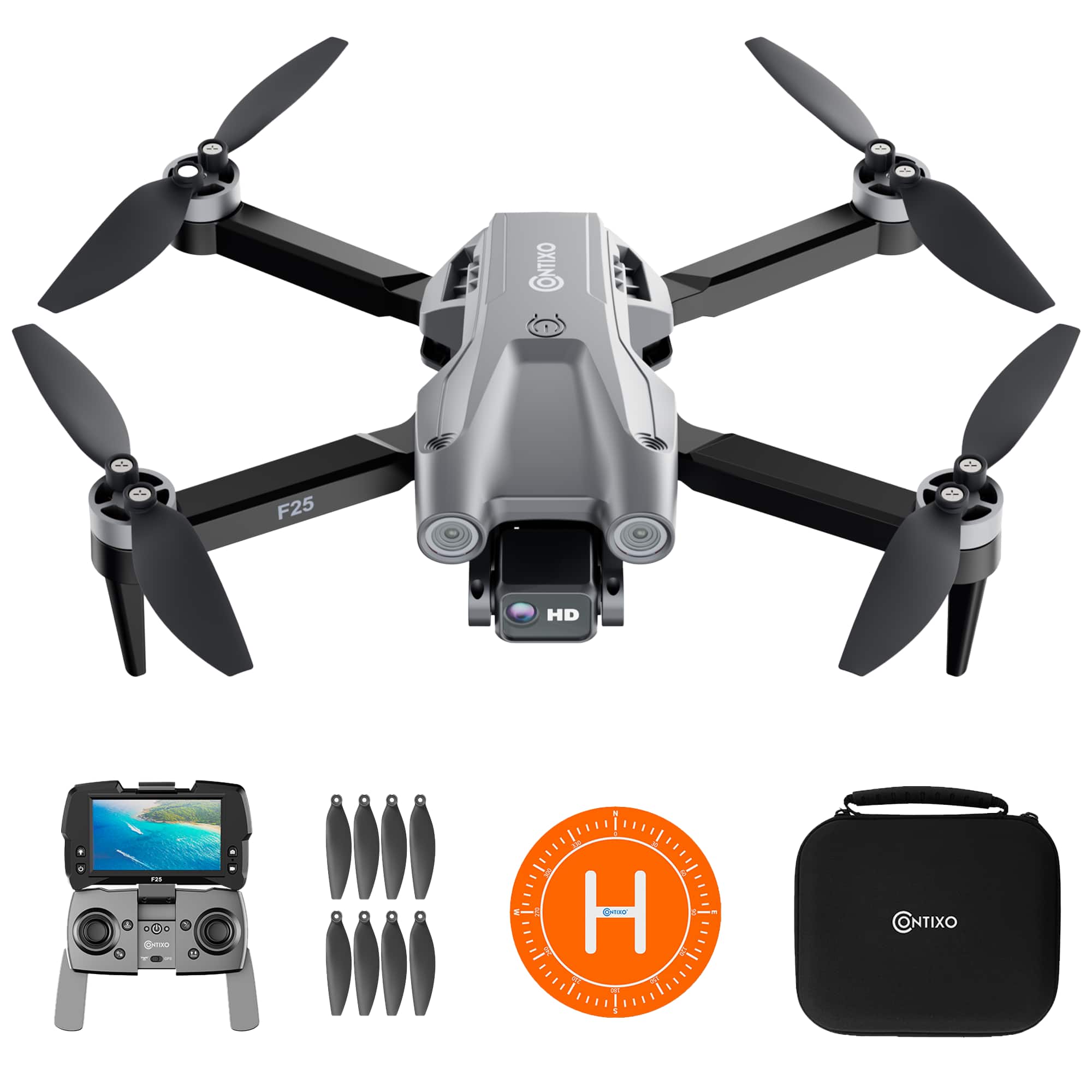 Contixo - F25 Foldable Drone - 1080p FHD Camera, FAA-Exempt, FPV Screen, GPS, Smart Modes, Brushless Motors, Travel Case - Gray - Front_Zoom