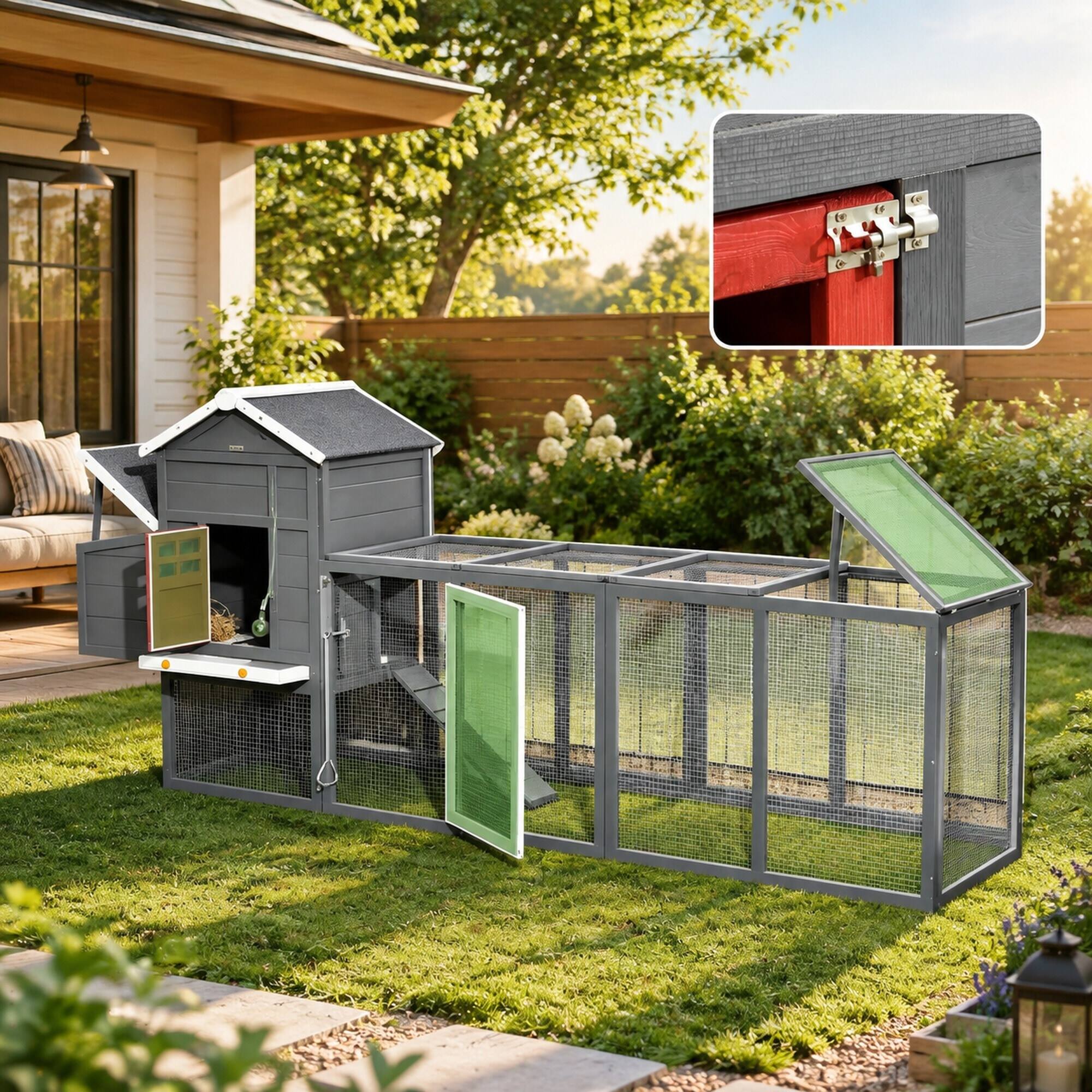 Alt View 5. RYHNUYNE - 118 in Extra Large Wooden Chicken Coop, Fir Wood Hen House, Asphalt Roof, Nesting Box, Slide-Out Tray.
