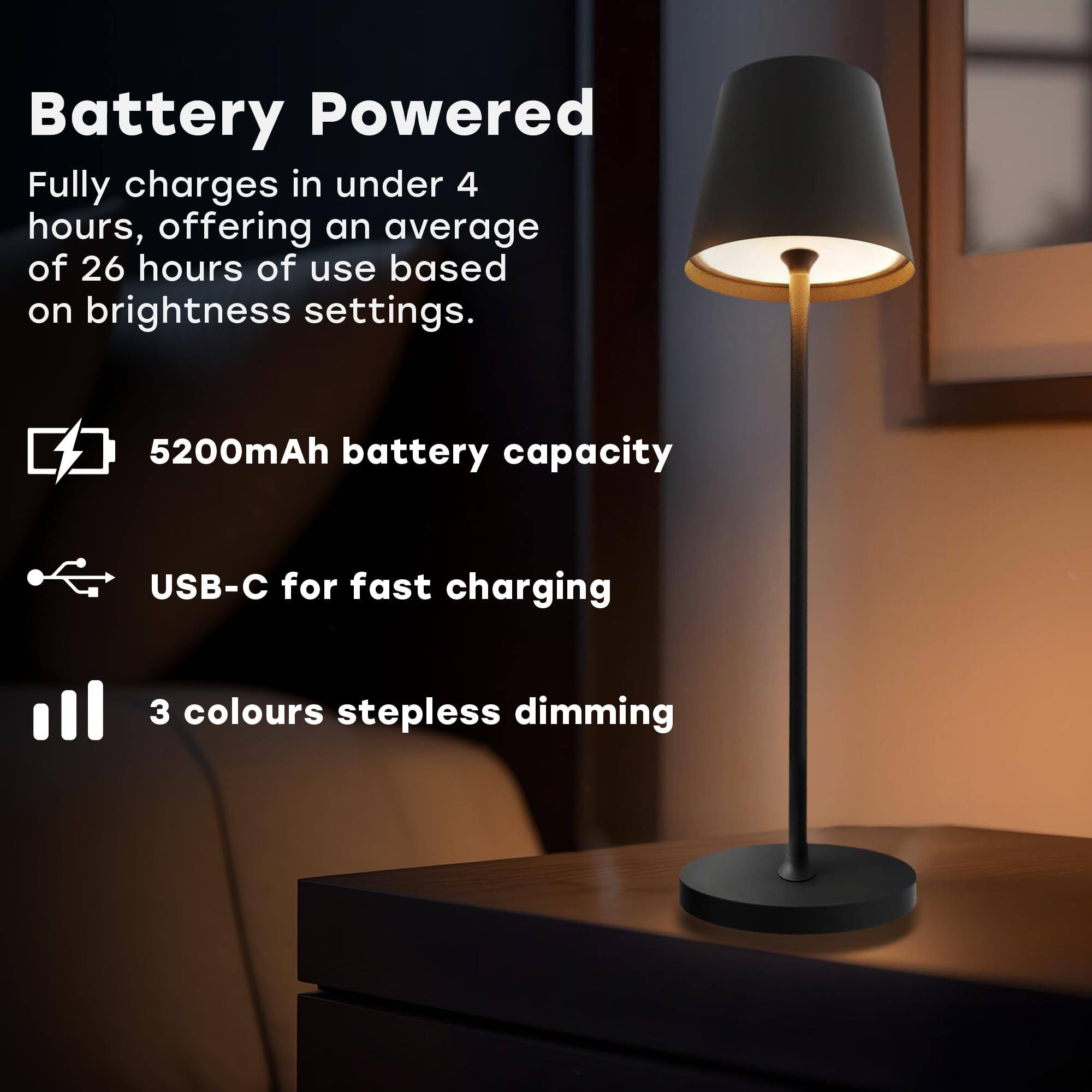 Battery Powered

Fully charges in under 4 hours, offering an average of 26 hours of use based on brightness settings.

- 5200mAh battery capacity
- USB-C for fast charging
- 3 colours stepless dimming