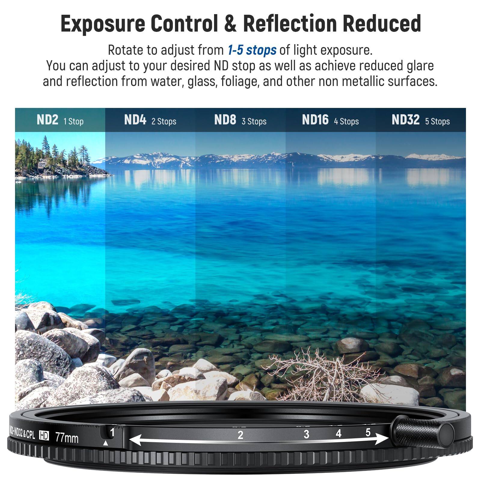 Exposure Control & Reflection Reduced  
Rotate to adjust from 1-5 stops of light exposure.  
You can adjust to your desired ND stop as well as achieve reduced glare and reflection from water, glass, foliage, and other non metallic surfaces.  

ND2 1 Stop  
ND4 2 Stops  
ND8 3 Stops  
ND16 4 Stops  
ND32 5 Stops  

0-1002&CPL I HD 77mm  
1 2 3 4 5