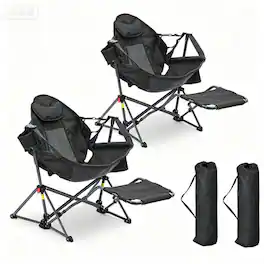 Ainfox - 2 PCS Hammock Camping Chair with Footrest, Foldable Portable Rocking Chairs for Adults Outside Swinging Camp - Black