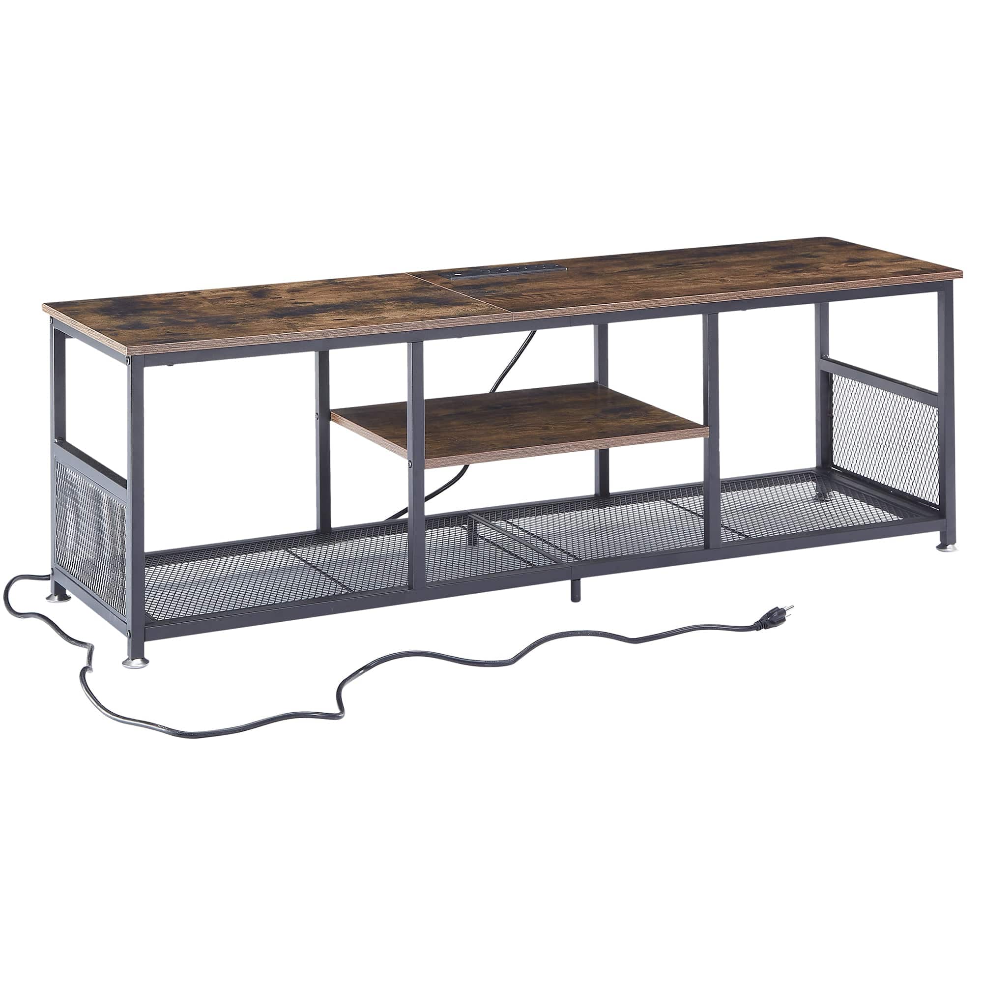 Vecelo - Industrial TV Stand with Power Outlets and USB Ports – Modern Open Shelf Media Console Table for Living Room - 55" Black With Socket