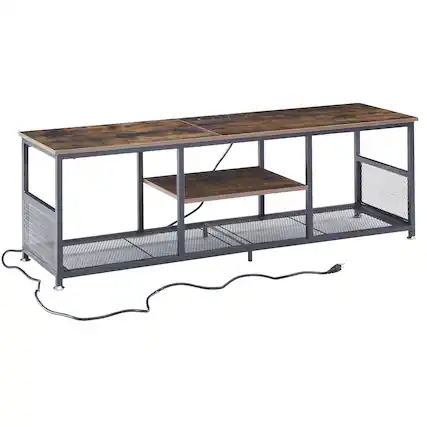 Front. Vecelo - Industrial TV Stand with Power Outlets and USB Ports – Modern Open Shelf Media Console Table for Living Room - 55" Black With Socket.
