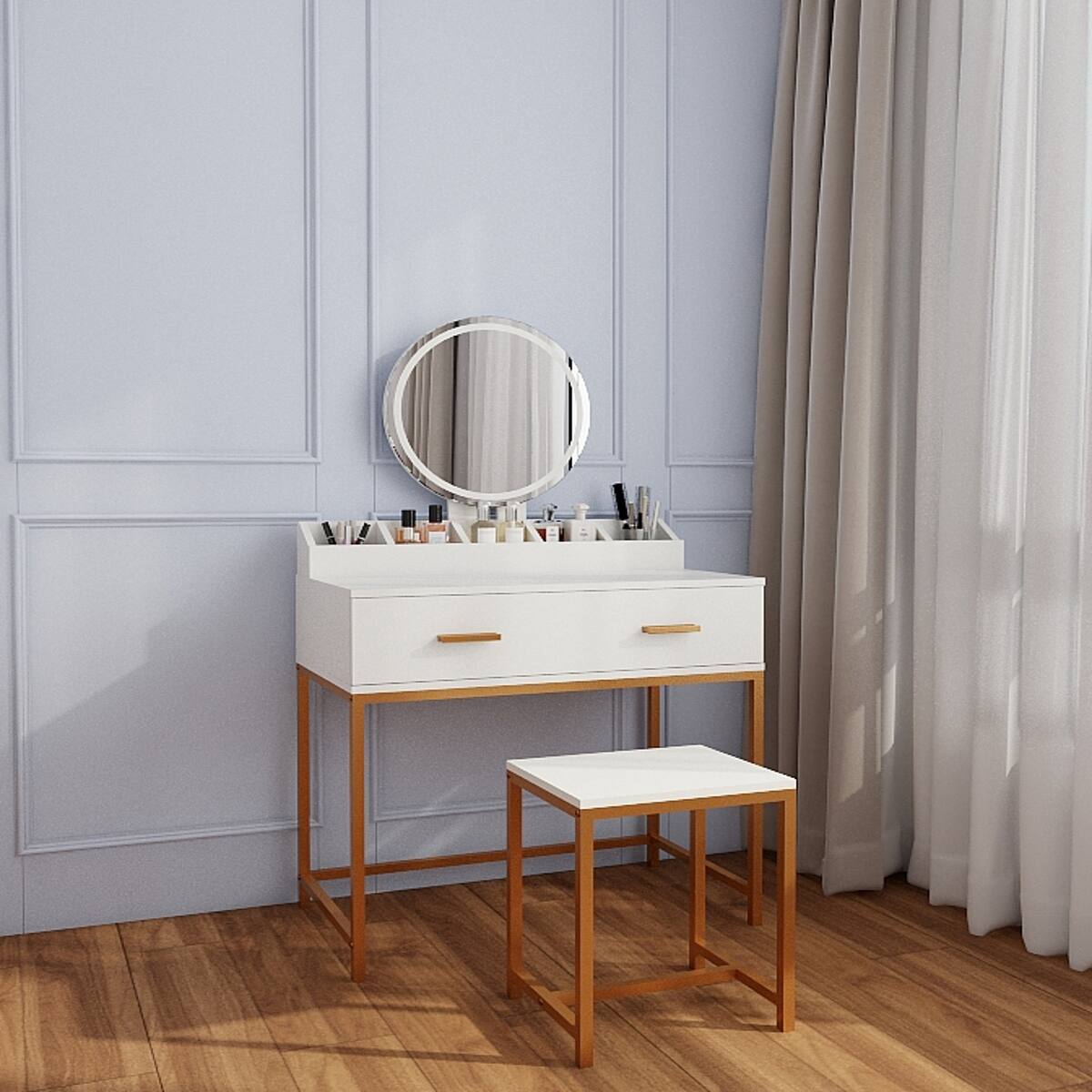 Alt View 7. Loheer - Loheer Makeup Vanity Set with Mirror and Stool, White and Gold, Compact - Ancient White.
