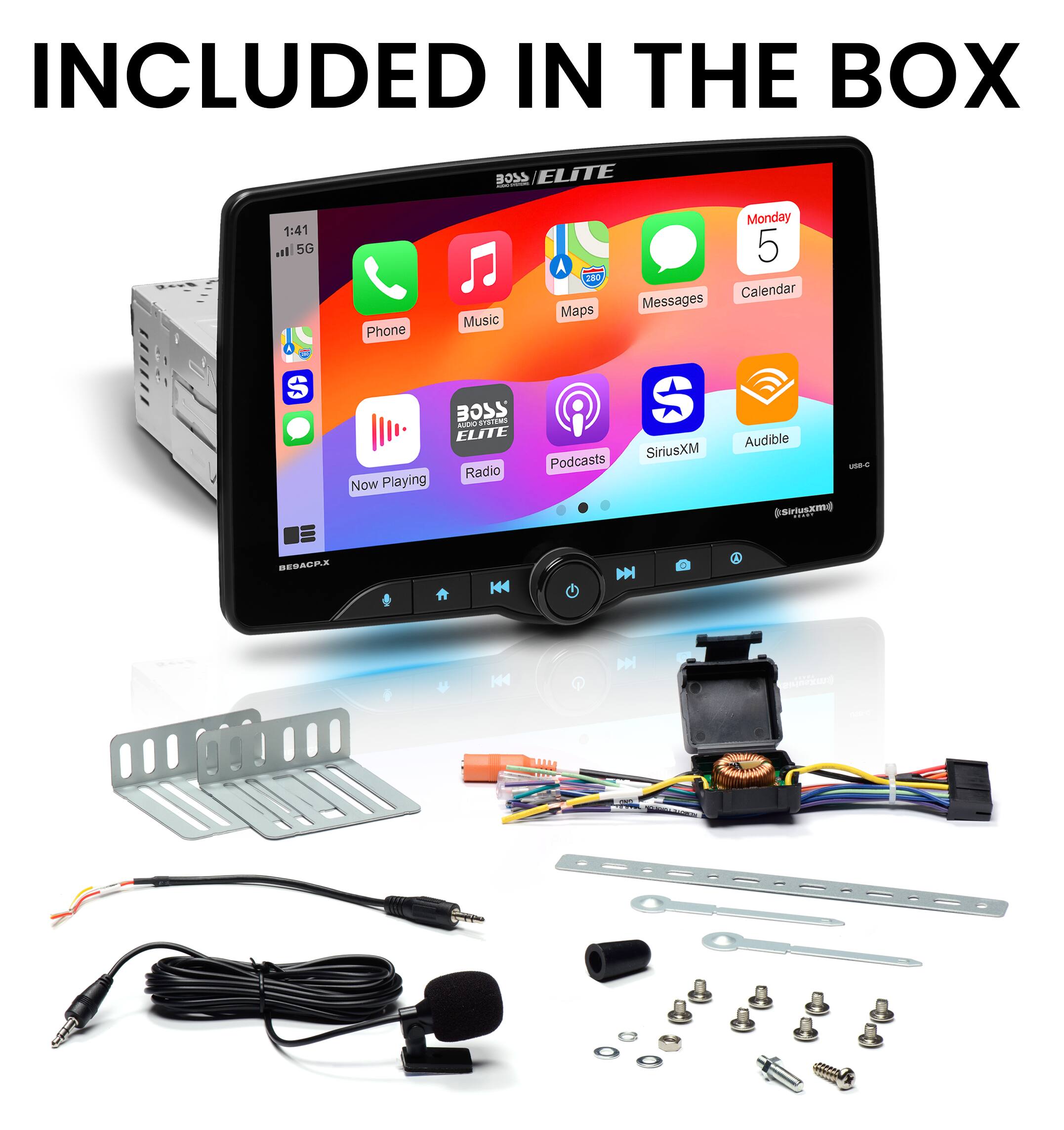 Included in the box is the Elite 1:41 a 5G phone, music, maps, messages, Monday 5 calendar, and SiriusXM radio. The radio is now playing, and there are podcasts and Audible available as well.