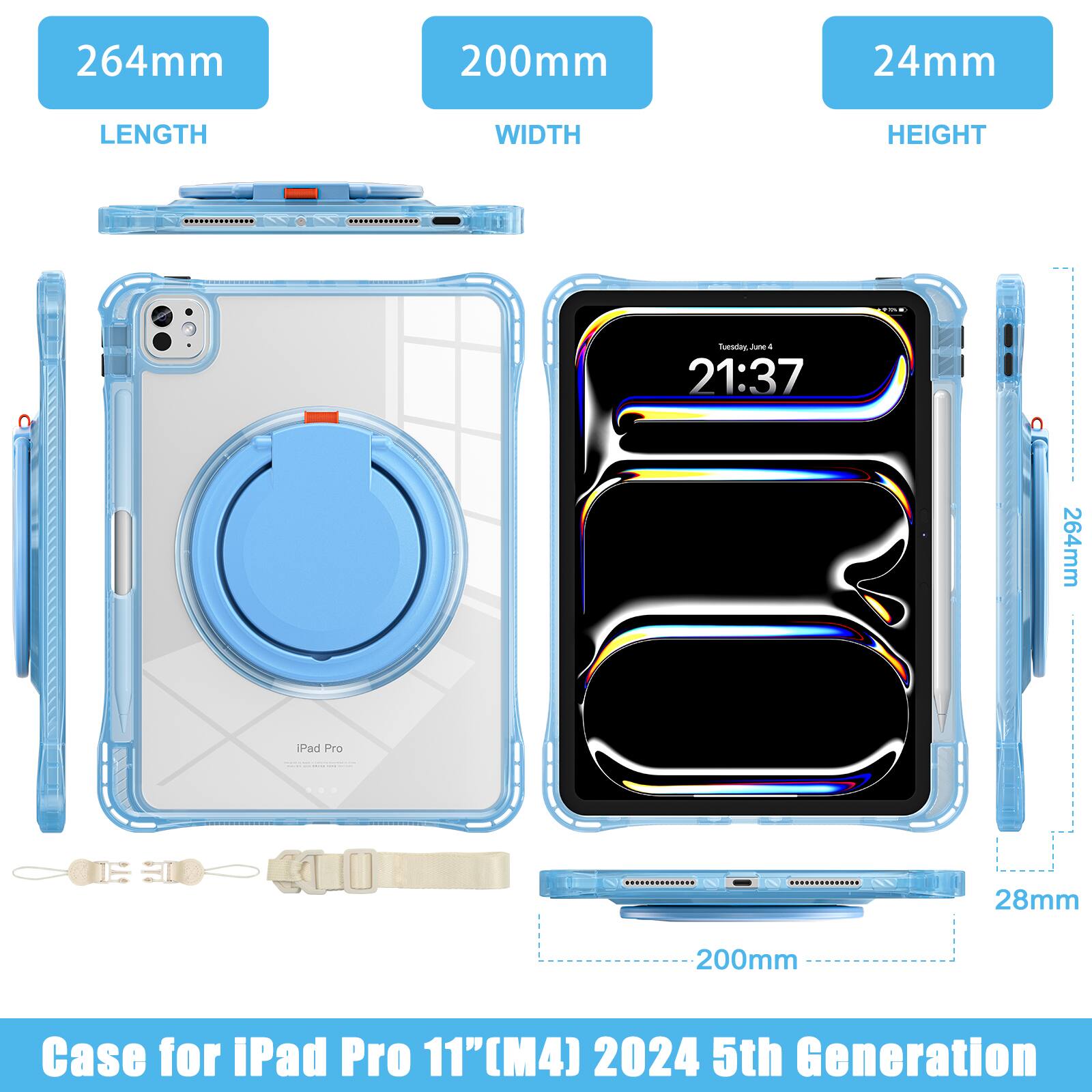 264mm 200mm 24mm LENGTH WIDTH HEIGHT .- Tuesday, June 4 21:37 264mm iPad Pro 28mm 200mm Case for iPad Pro 11"(M4) 2024 5th Generation