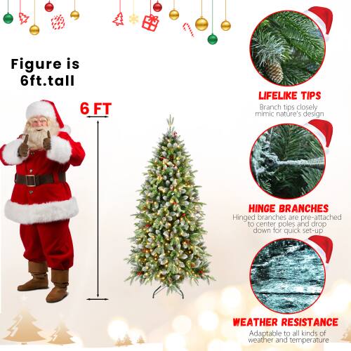 Figure is 6ft. tall  
6 FT  

LIFELIKE TIPS  
Branch tips closely mimic nature's design  

HINGE BRANCHES  
Hinged branches are pre-attached to center poles and drop down for quick set-up  

WEATHER RESISTANCE  
Adaptable to all kinds of weather and temperature
