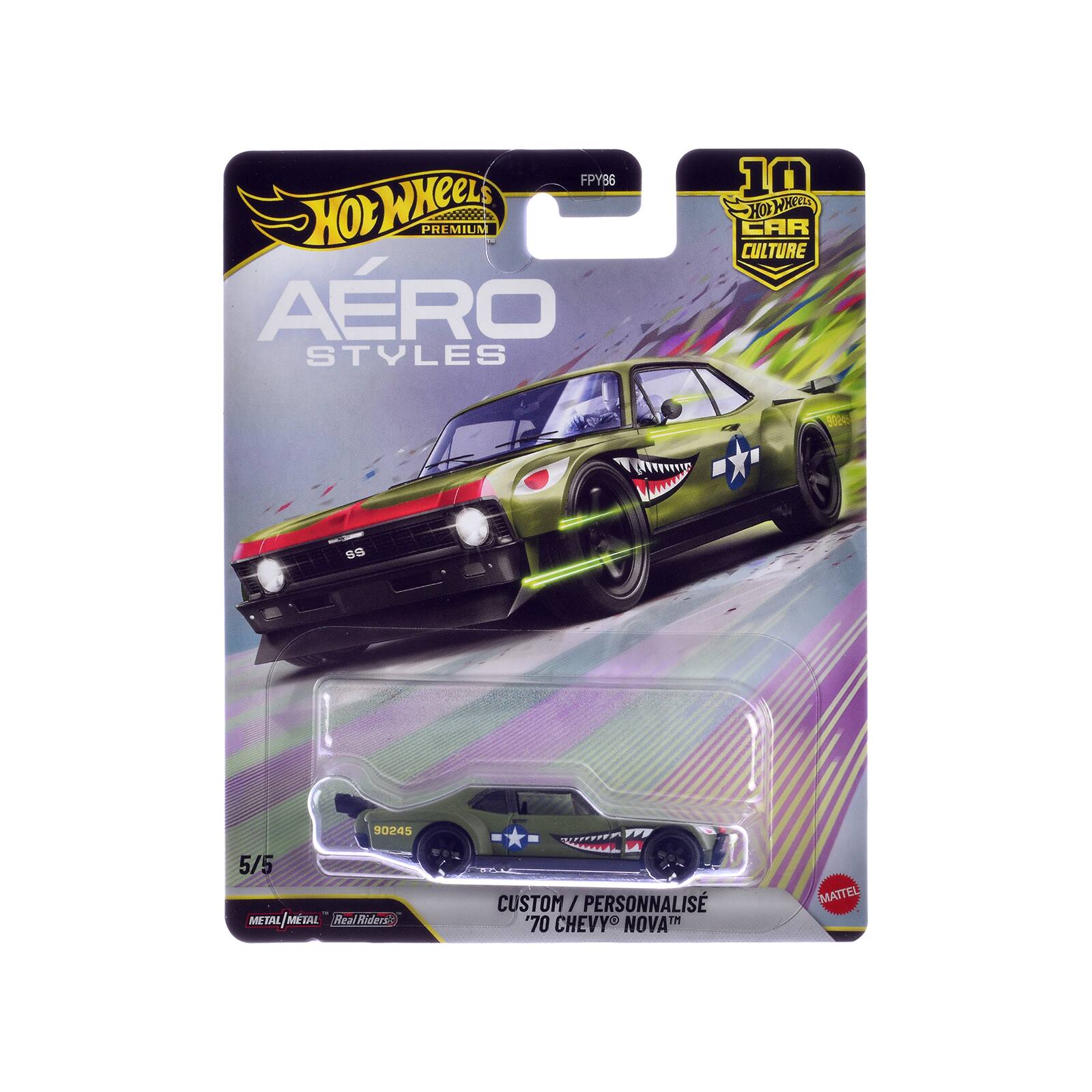 FPY86 Hot Wheels Premium Aero Styles 10 Hot Wheels Car Culture 5/5 Metal/Metal Real Riders -- Custom / Personnalisé '70 Chevy Nova