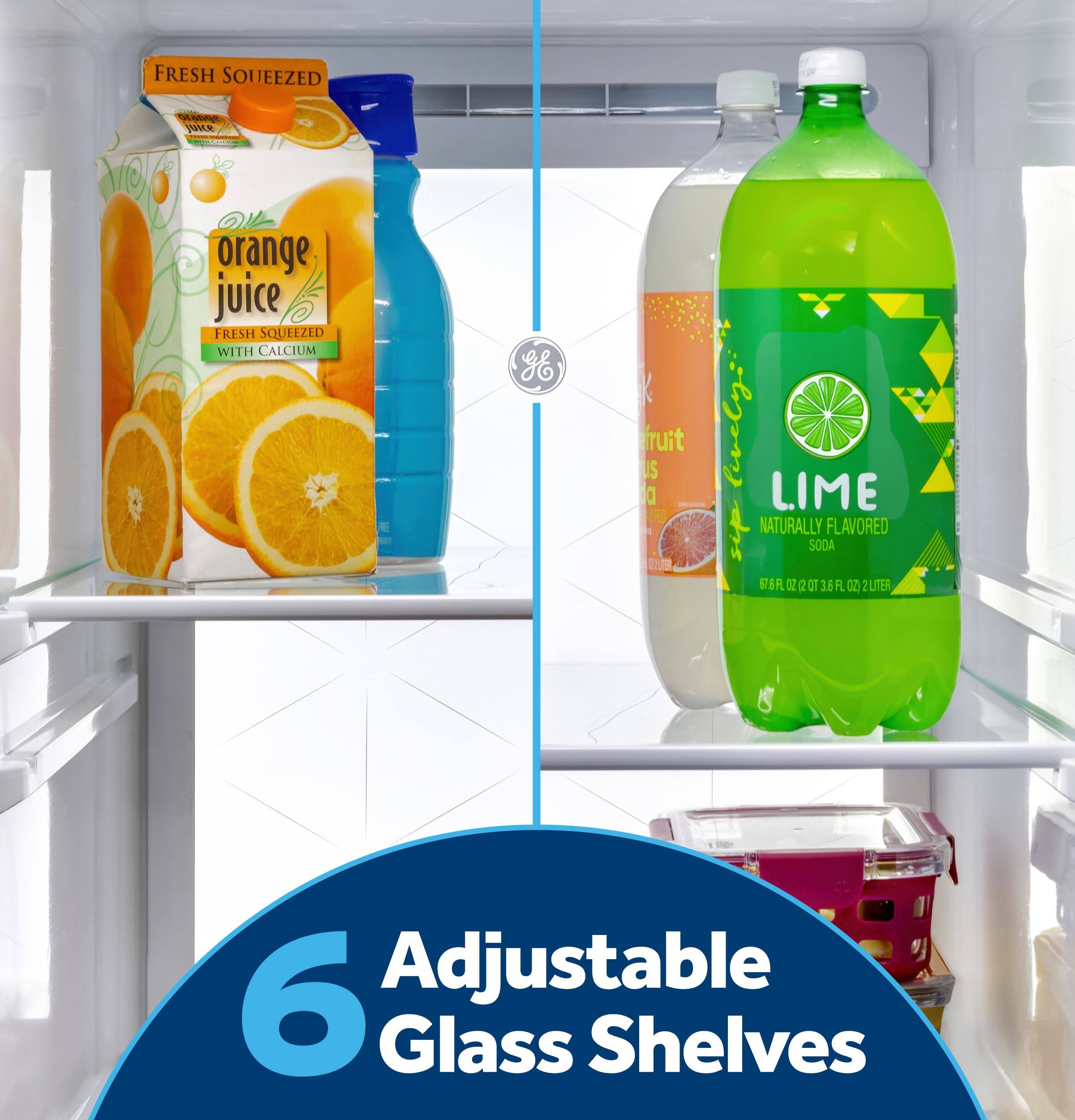 FRESH SQUEEZED orange juice  
FRESH SQUEEZED WITH CALCIUM  
LIME NATURALLY FLAVORED SODA  
6 Adjustable Glass Shelves