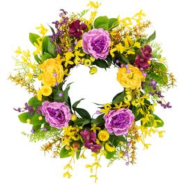 Northlight - Peonies and Forsythia Spring Wreath - 24" - and Purple - Yellow