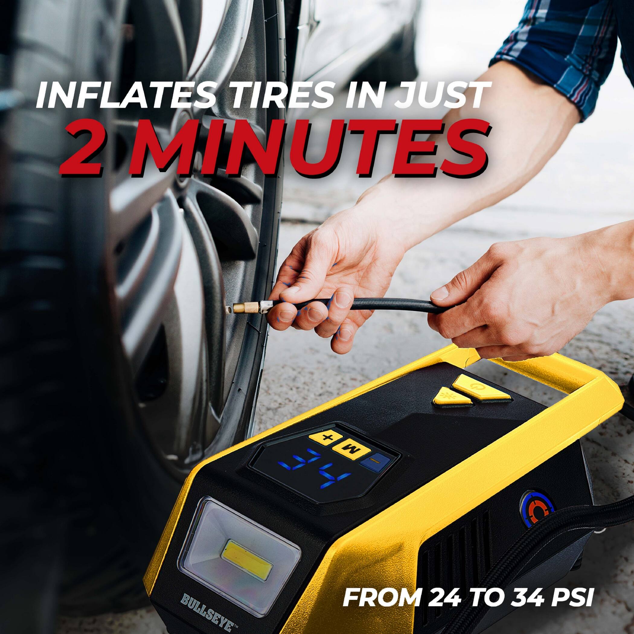INFLATES TIRES IN JUST 2 MINUTES  
FROM 24 TO 34 PSI