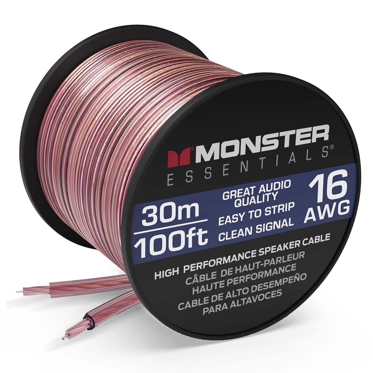 Monster - Essentials High Performance Speaker Wire 16 Gauge Copper Clad Aluminum (CCA) Speaker Cable 100 FT Spool - Black