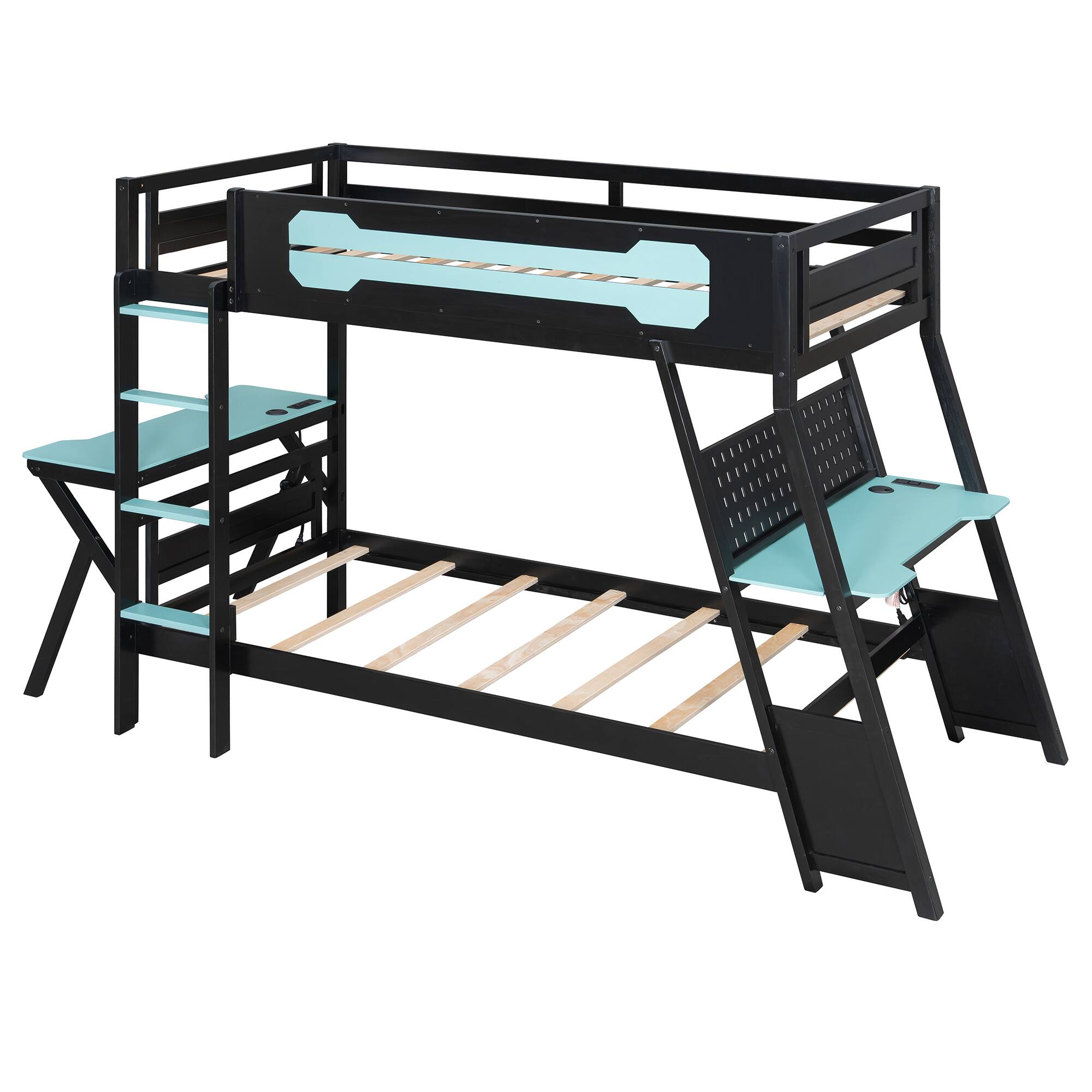 Alt View 1. Anysun - Twin Size Bunk Bed with Two Built-In Gaming Desks, USB Desktop Ports & Pegboard Organizer, Gaming Bunk Frame for Gamer - Blue.