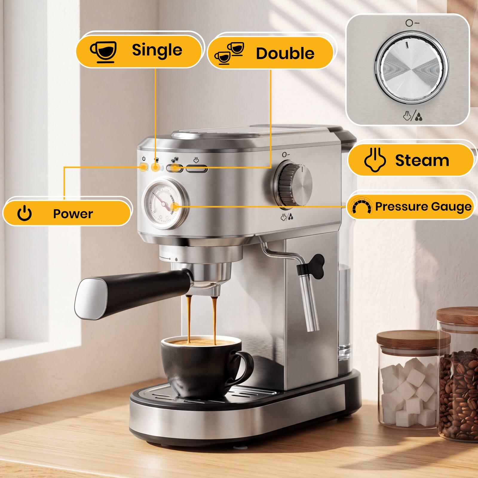- Single
- Double

- Steam
- Power

- Pressure Gauge