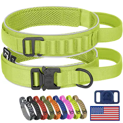 Front. Leash Valley - Dog Collar Loop Adjustable Nylon Collars With Handle And Reflective For Dogs Airtags Protective Patches. Design Upgrade - GrassGreen-XL.